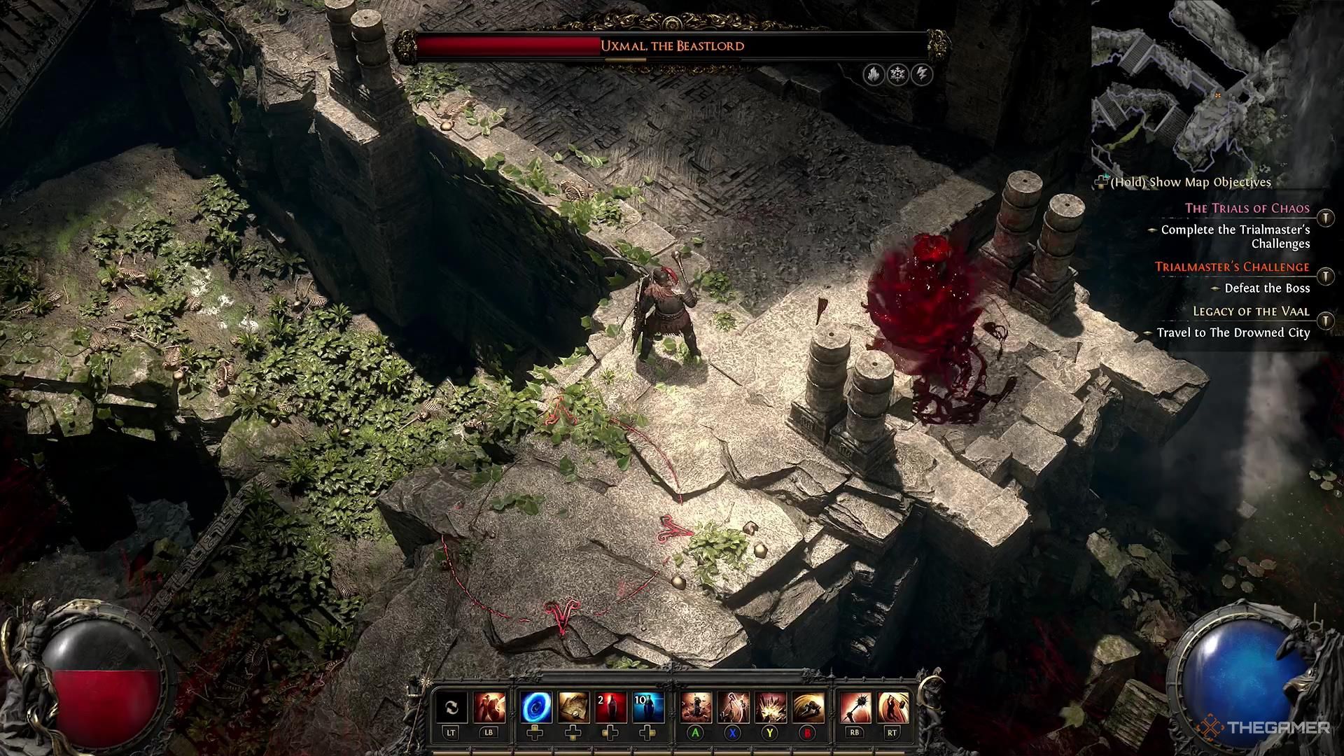 A character stands a distance away from Uxmal to passively heal in Path of Exile 2.