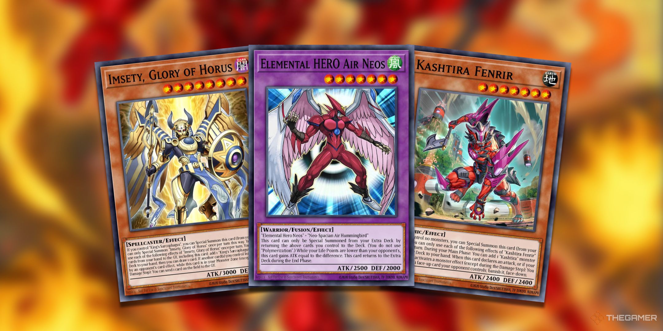 A collage of cards that need reprints in the Yu-Gi-Oh! TCG such as Elemental Hero Air Neos, Kashtira Fenrir, and Imsety, Glory of Horus.