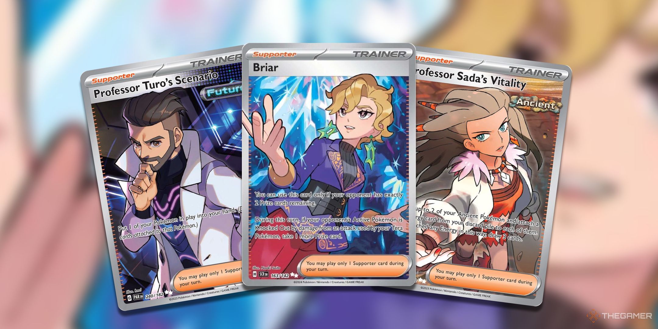 A collage of Supporters from Pokemon TCG such as Professor Sada, Professor Turo, and Briar.