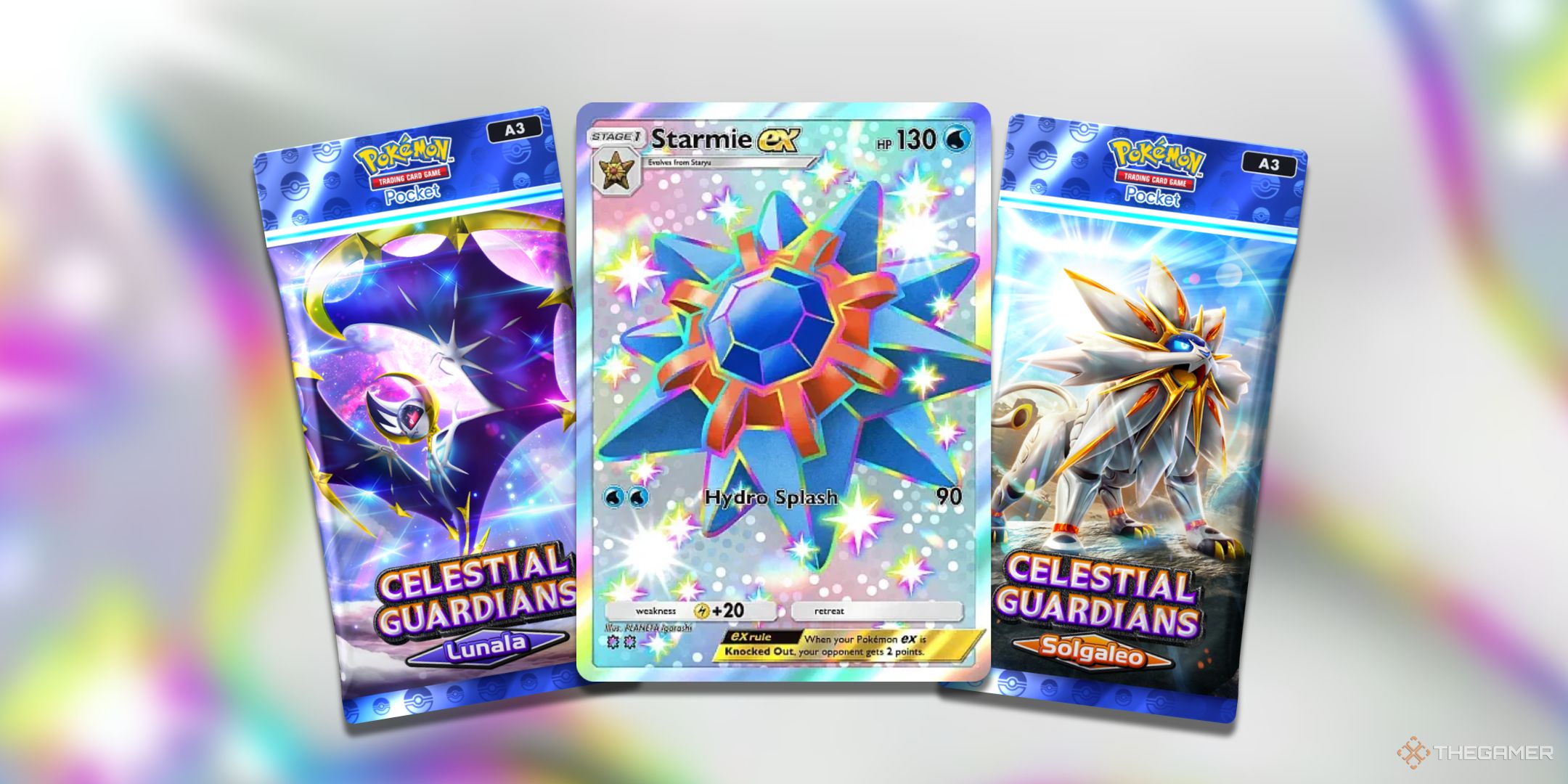 Two Pokémon TCG Pocket Celestale Guardians a copy of the shiny Storms ex -formerly surrounded by the Booster Pack.