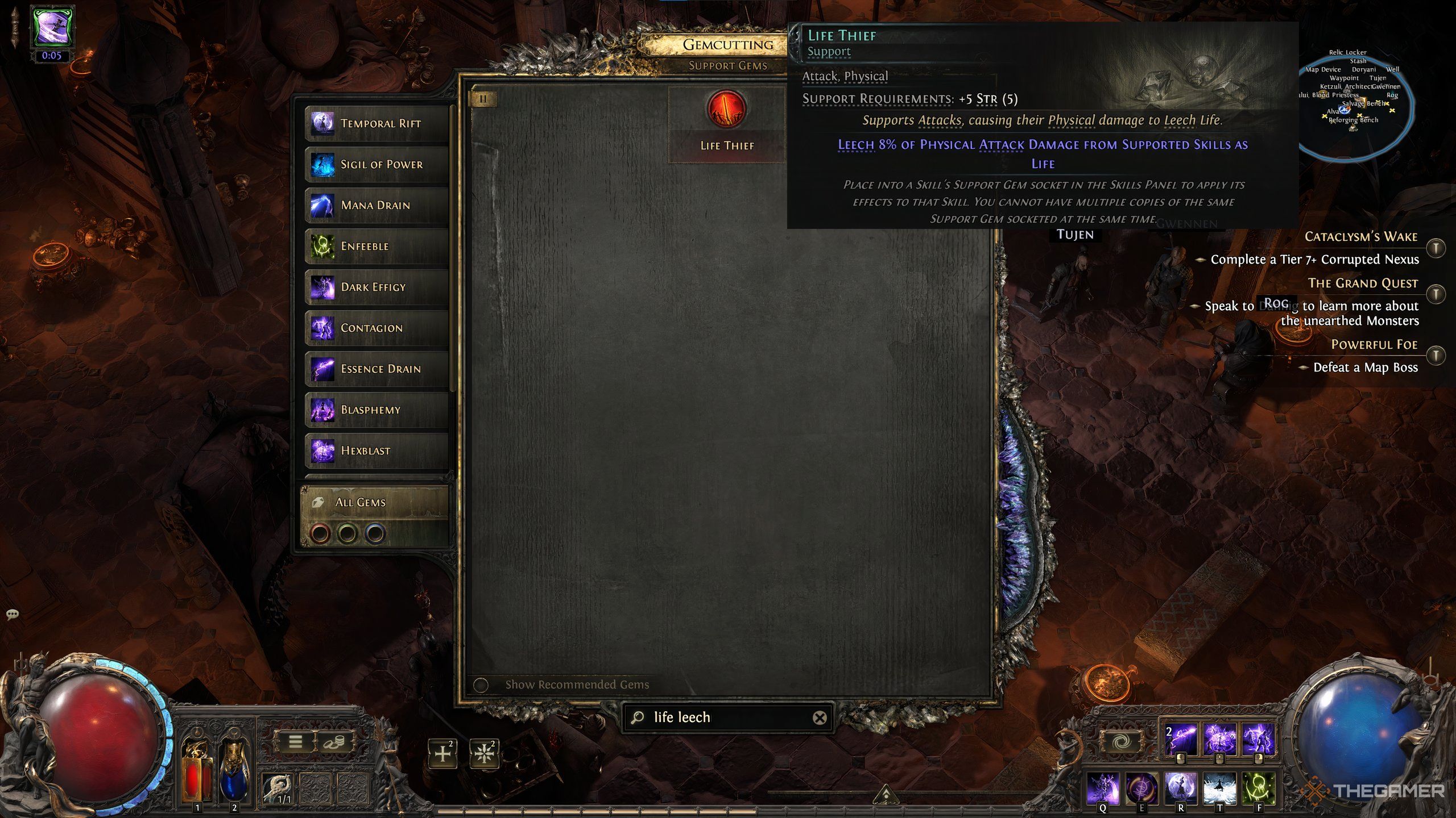 A gem preview image for the support gem life thief in path of exile 2.