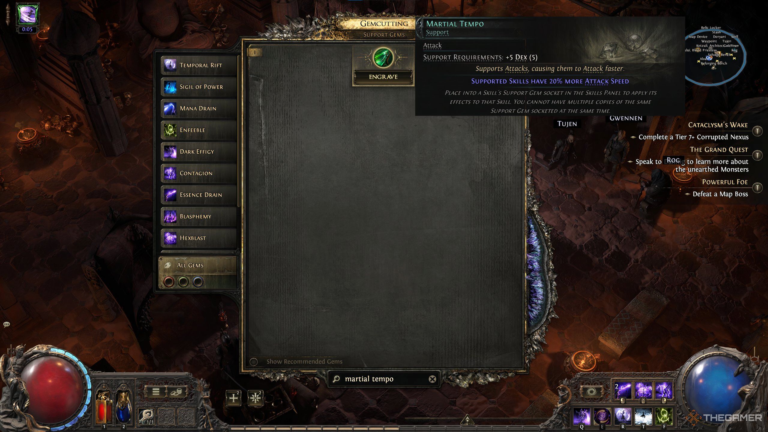 A gem preview image for the support gem martial tempo in path of exile 2.