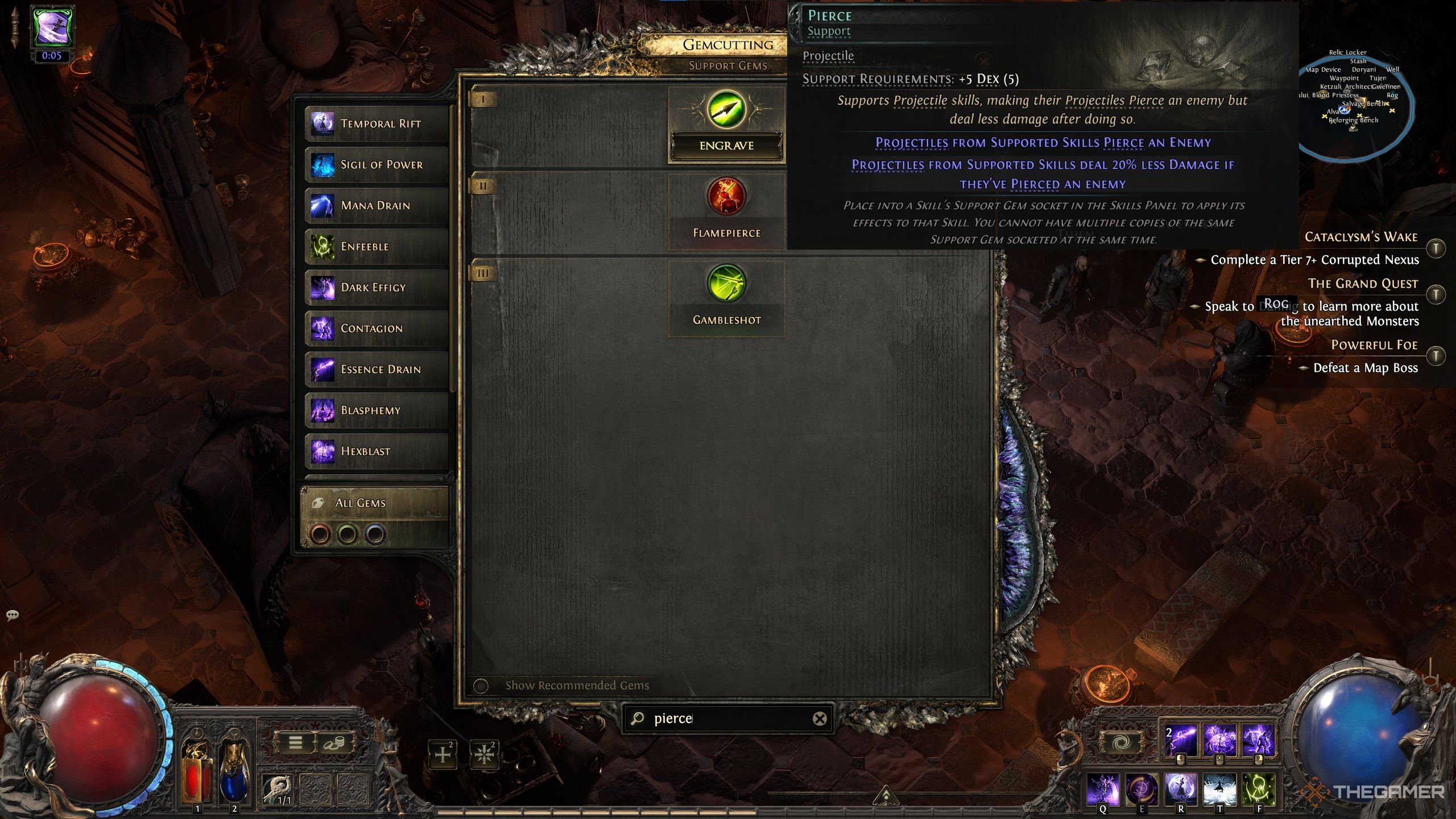 A gem preview image for the support gem pierce in path of exile 2.