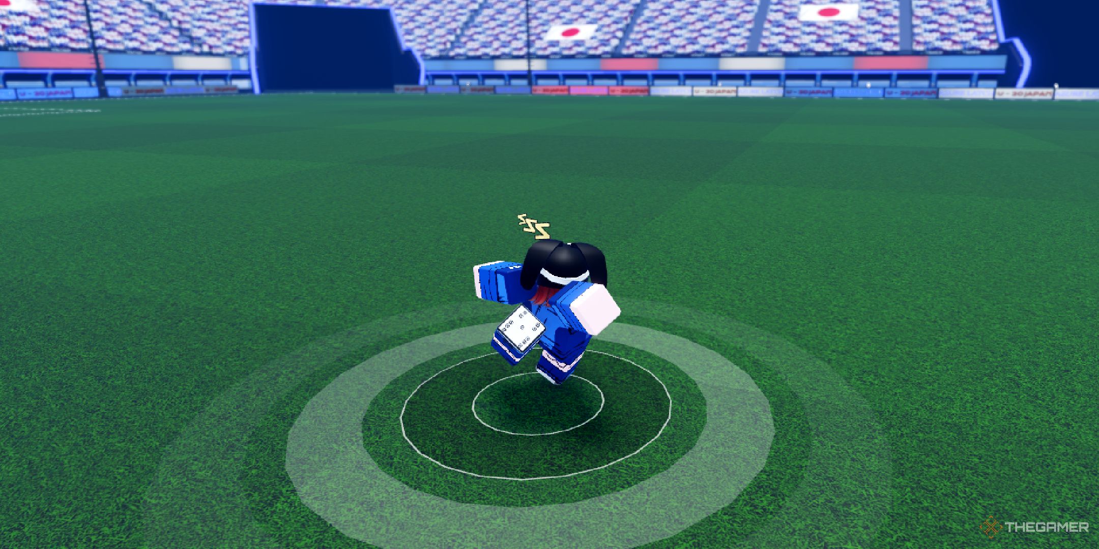 A player after kicking a ball in Azure Latch on Roblox.