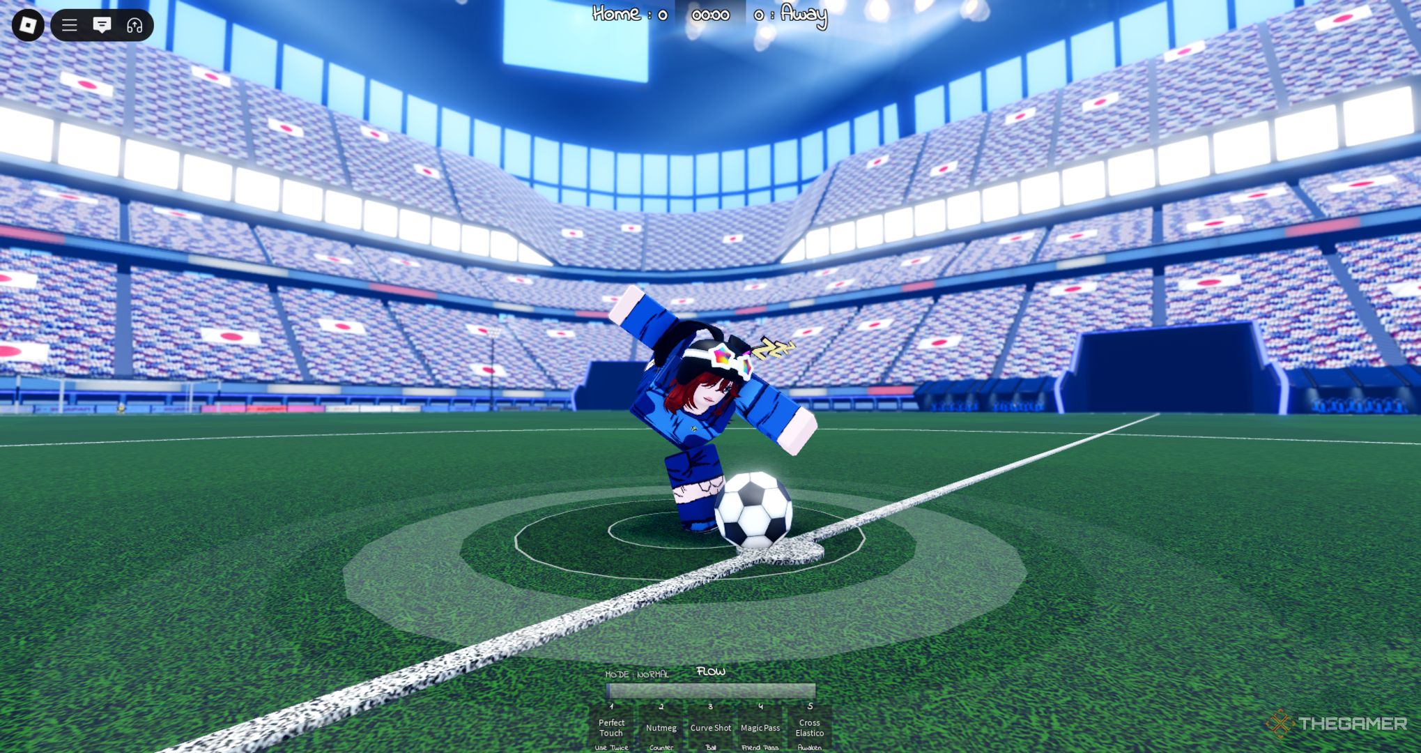 A player aiming a curve shot in Azure Latch on Roblox.