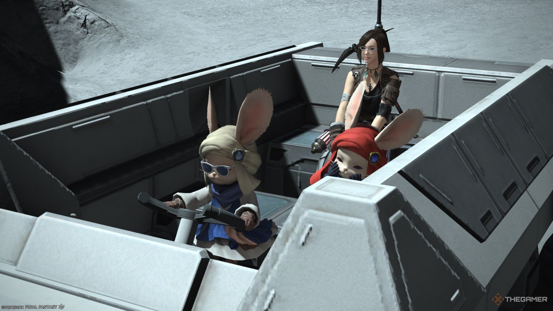 A player and two Loporrits in a vehicle in Final Fantasy 14.