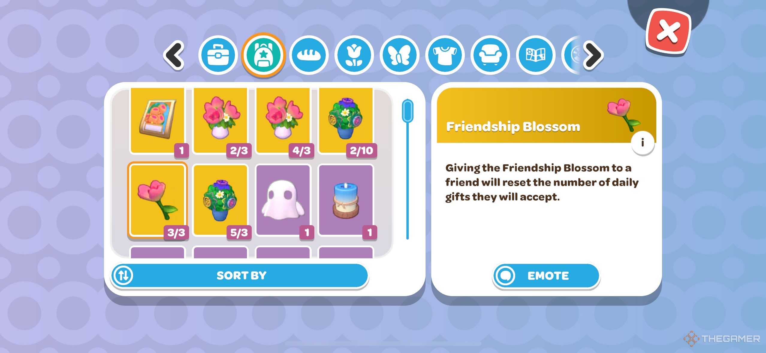 A player looking at a friendship blossom in Hello Kitty island Adventure.