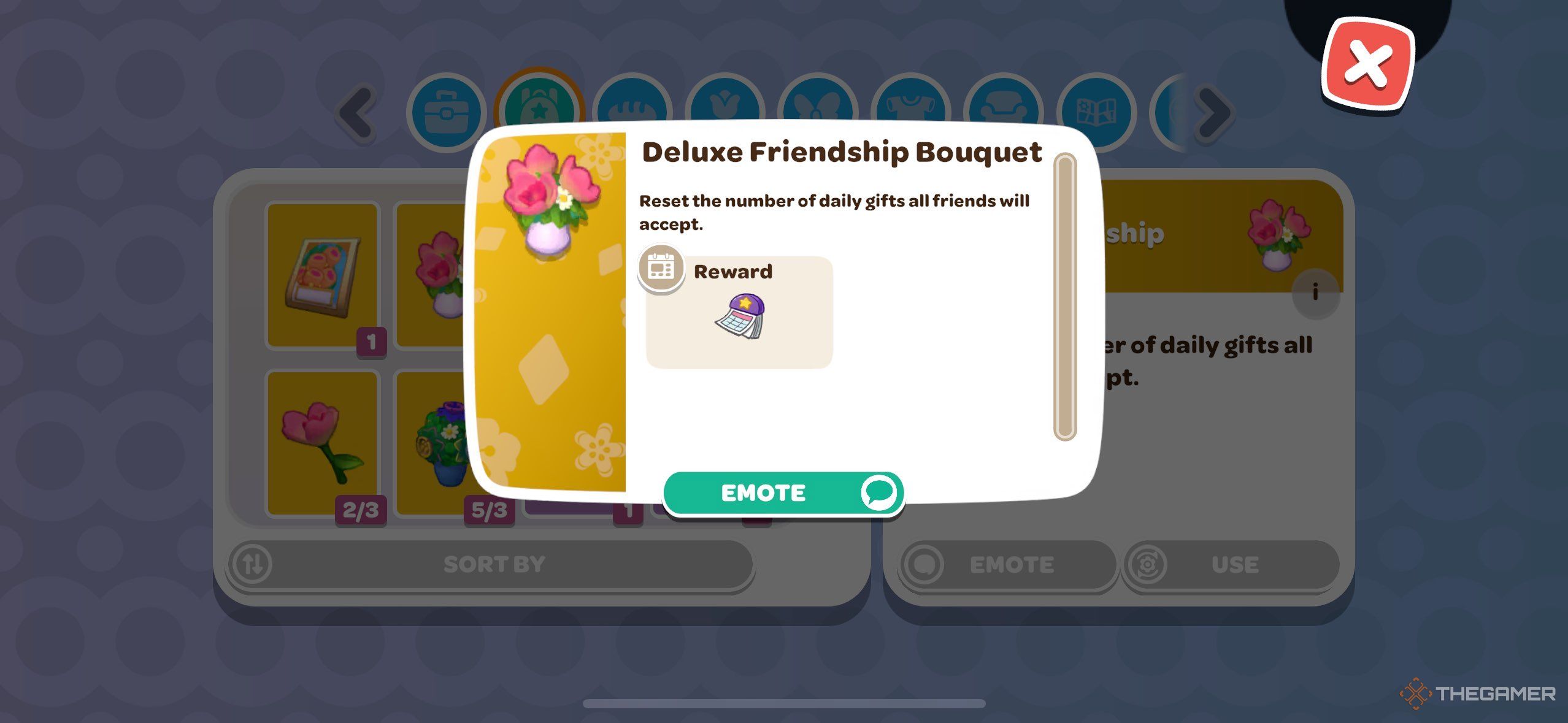 A player looking at a friendship bouquet in Hello Kitty island Adventure.