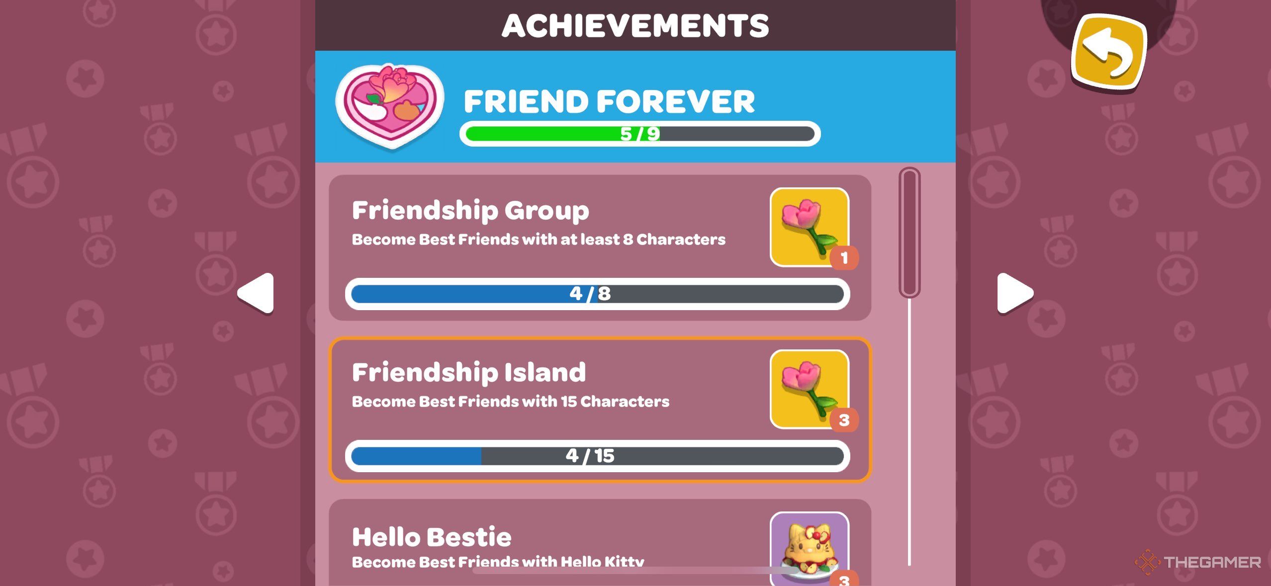 A player looking at in-game acheivements in Hello Kitty island Adventure.
