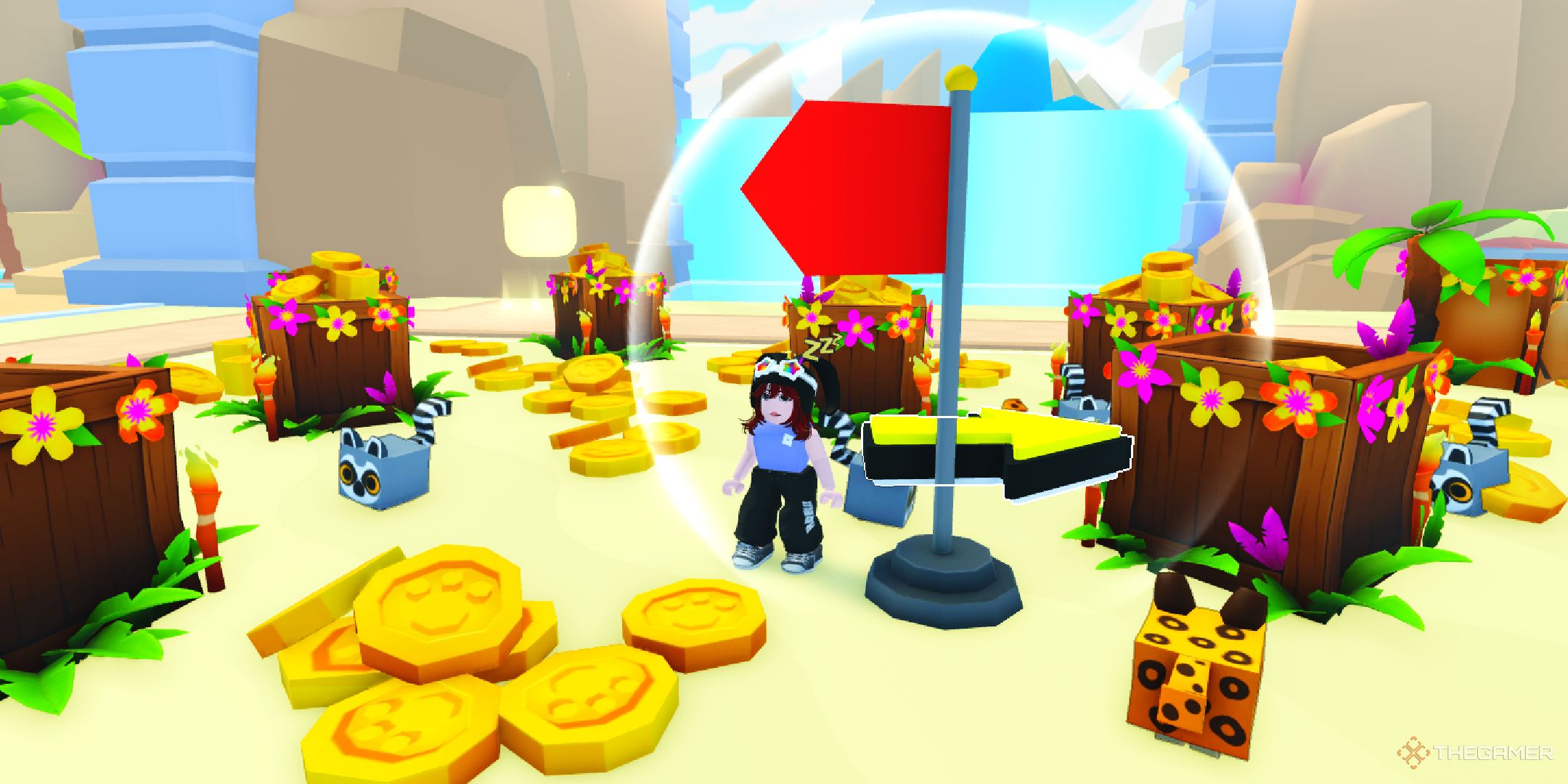 A player who stands near the Magnet flag at Pate Sim 99 on Roblox.