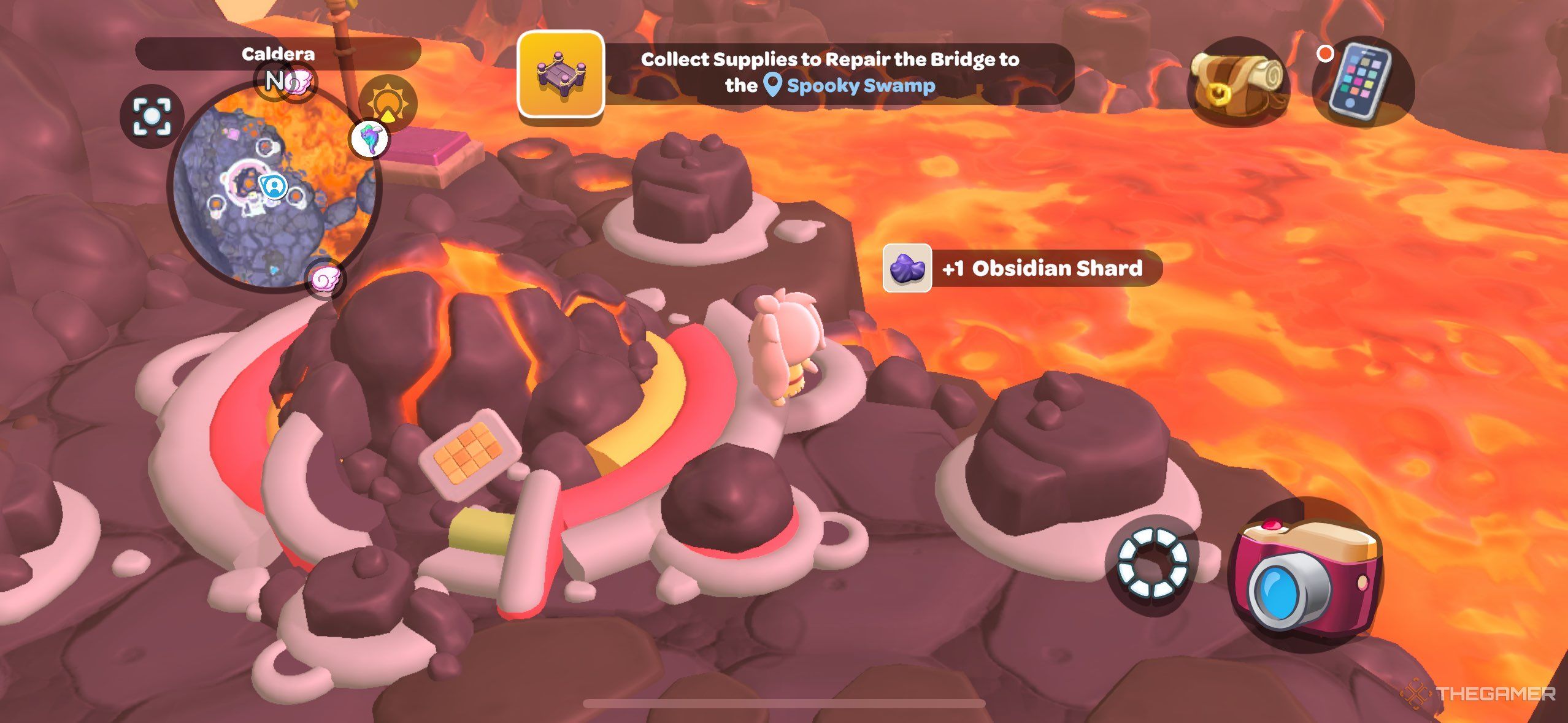 A player standing with the machine that steam in the Hello Kitty Island Adventure.