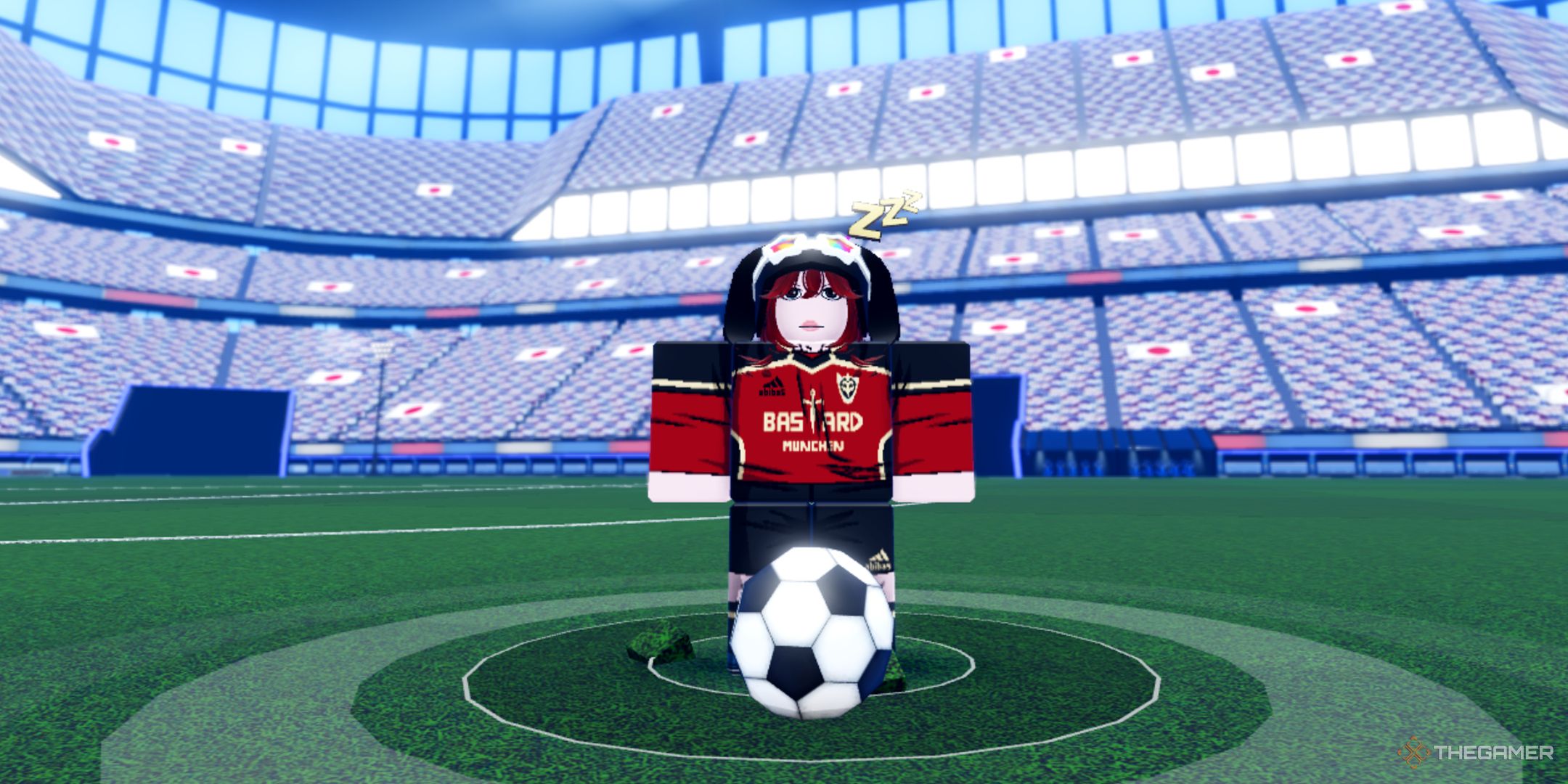 A player standing still with the ball in Azure Latch on Roblox.