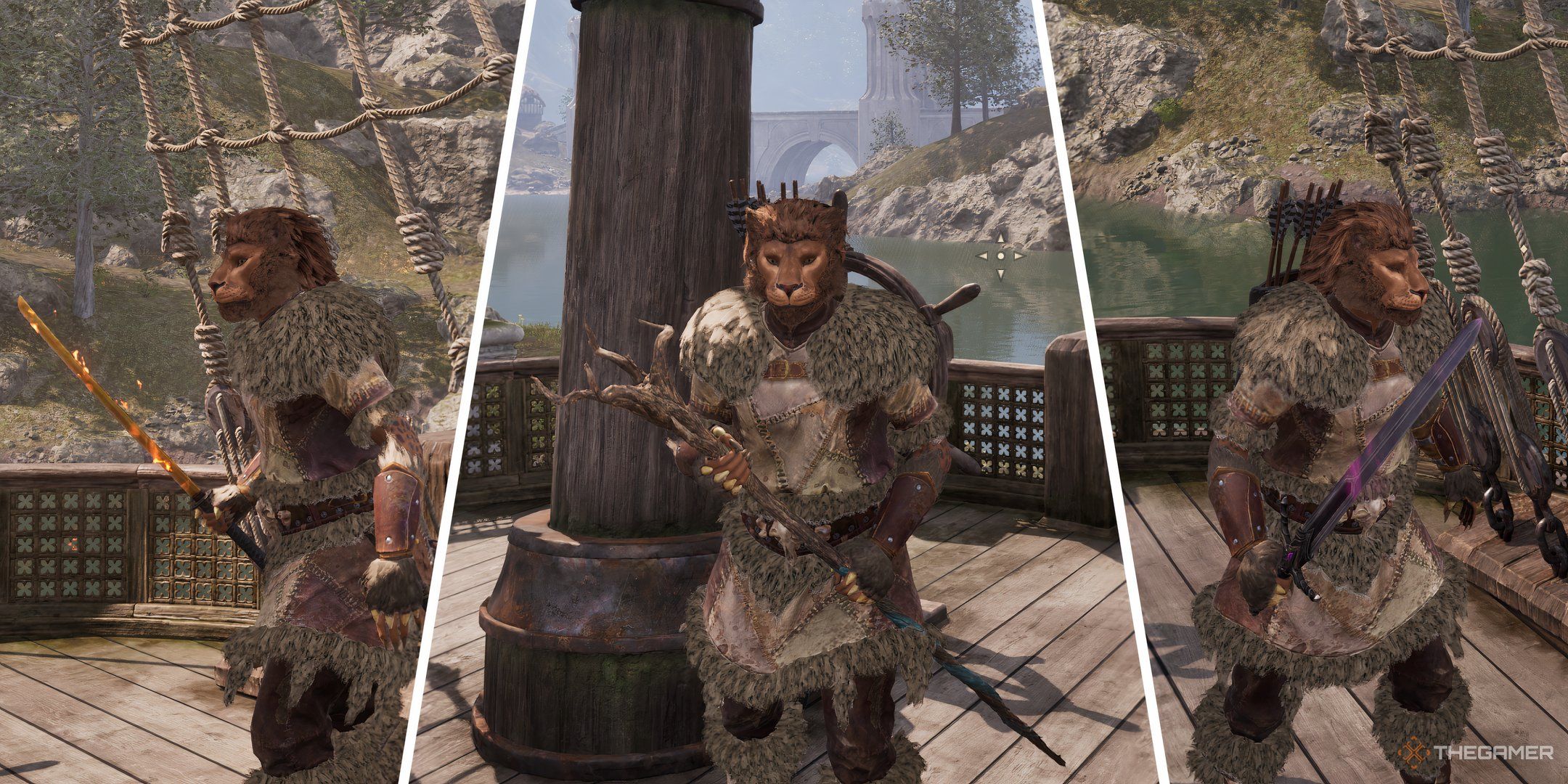 A split image of a character holding Goldbrand, Apotheosis, and Umbra in Oblivion Remastered.