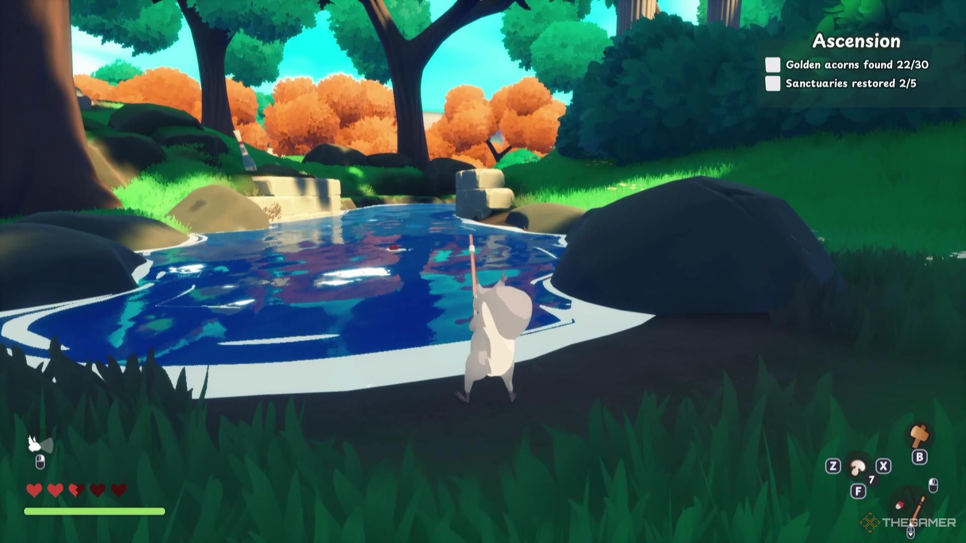 A squirrel stands next to a small pond with a fishing pole in its tiny hands, in Squirreled Away.