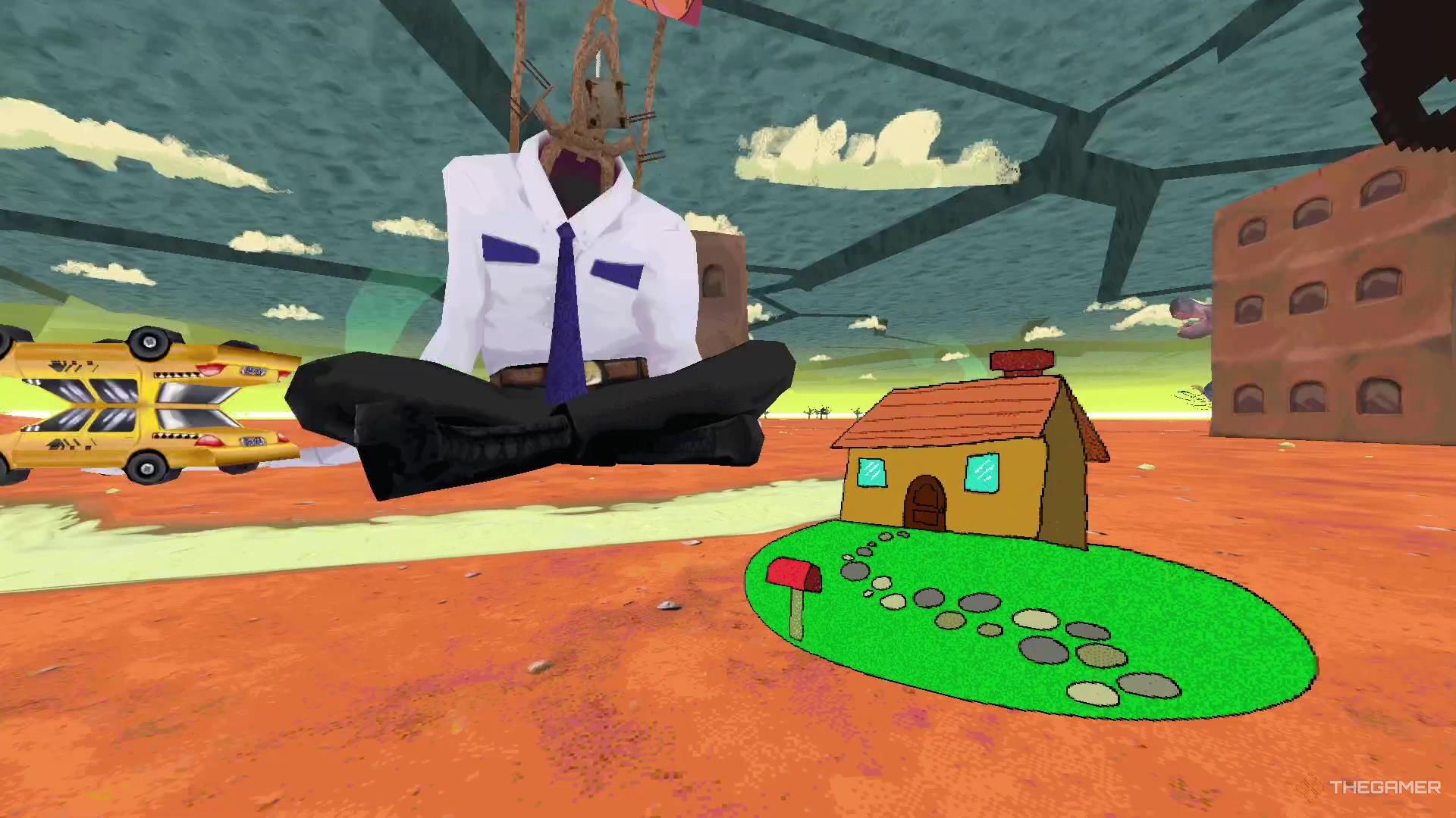 A strange cartoon house in the green courtyard is sitting in the middle of the desert in the BBQ.
