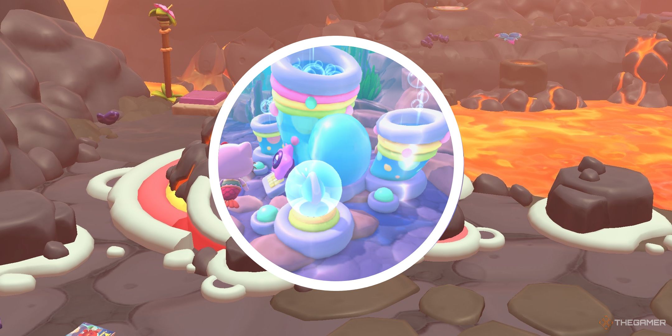 An image of the broken sauna machine with a circle PNG of the aquafall machine in Hello Kitty Island Adventure.