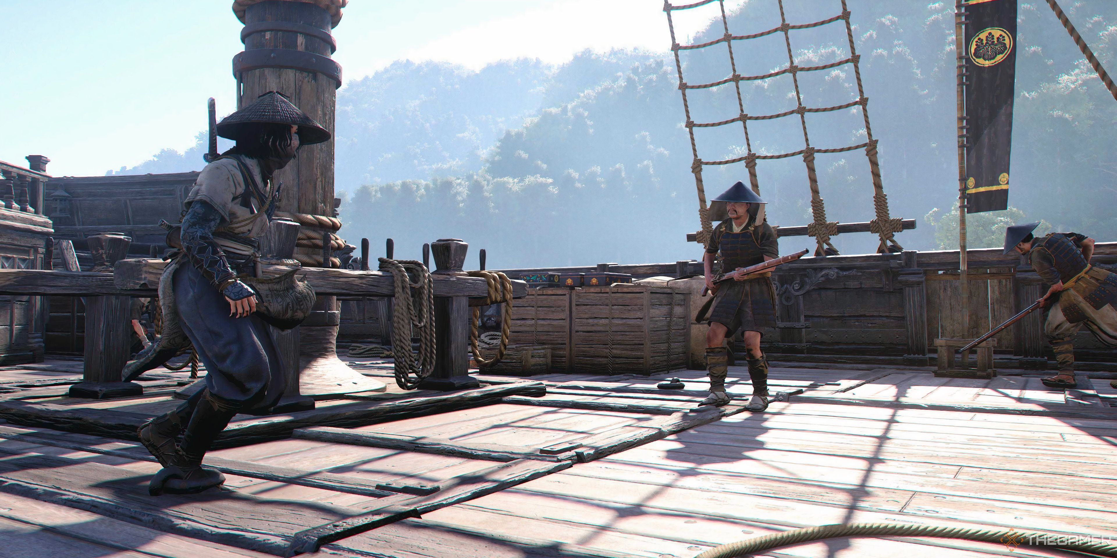 Naoe looking at a Arquebus enemy guard on a ship in Assassin&rsquo;s Creed Shadows.