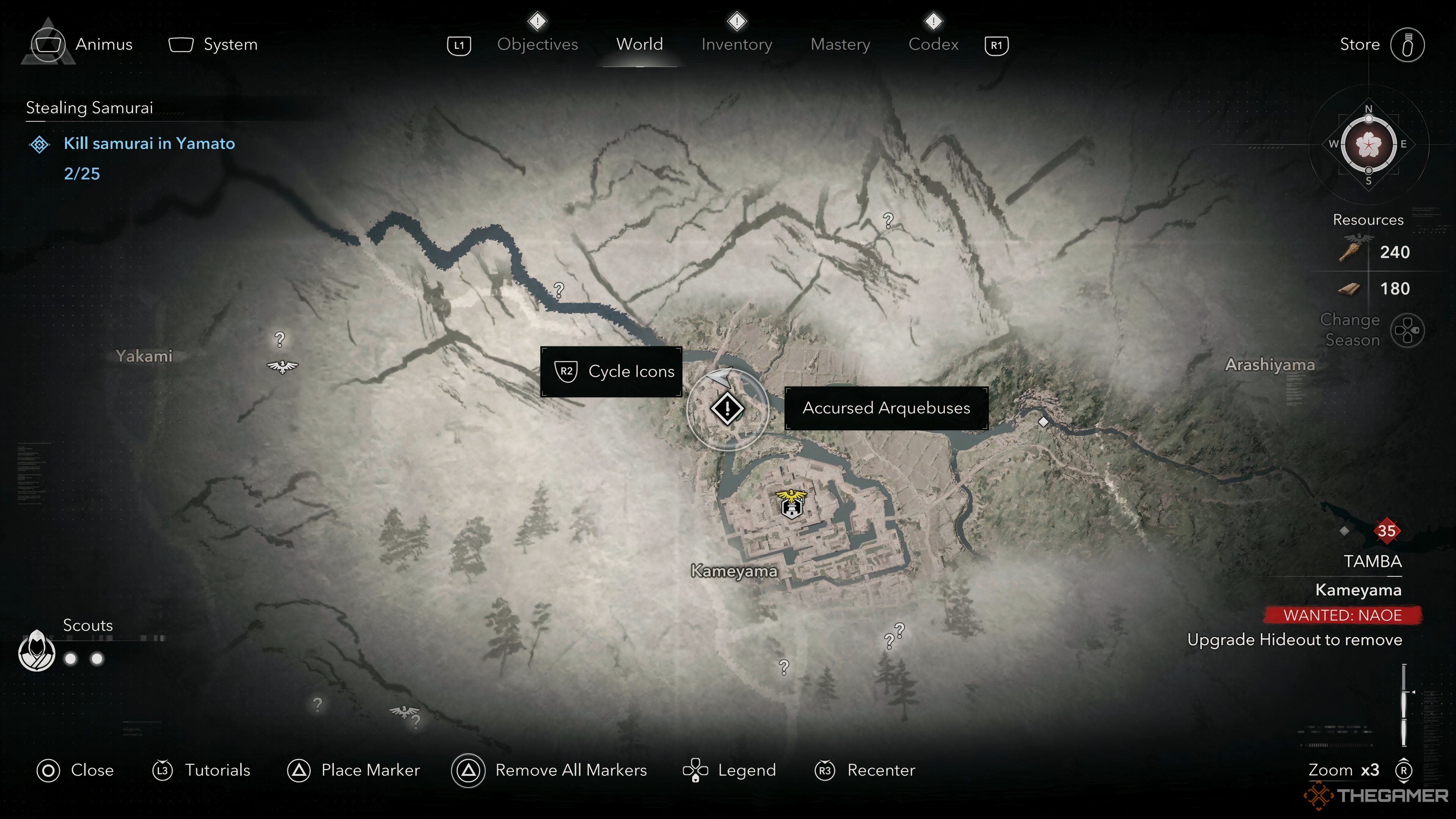The locations of the Accursed Arquebuses side quest shown on the map in Assassin&rsquo;s Creed Shadows.