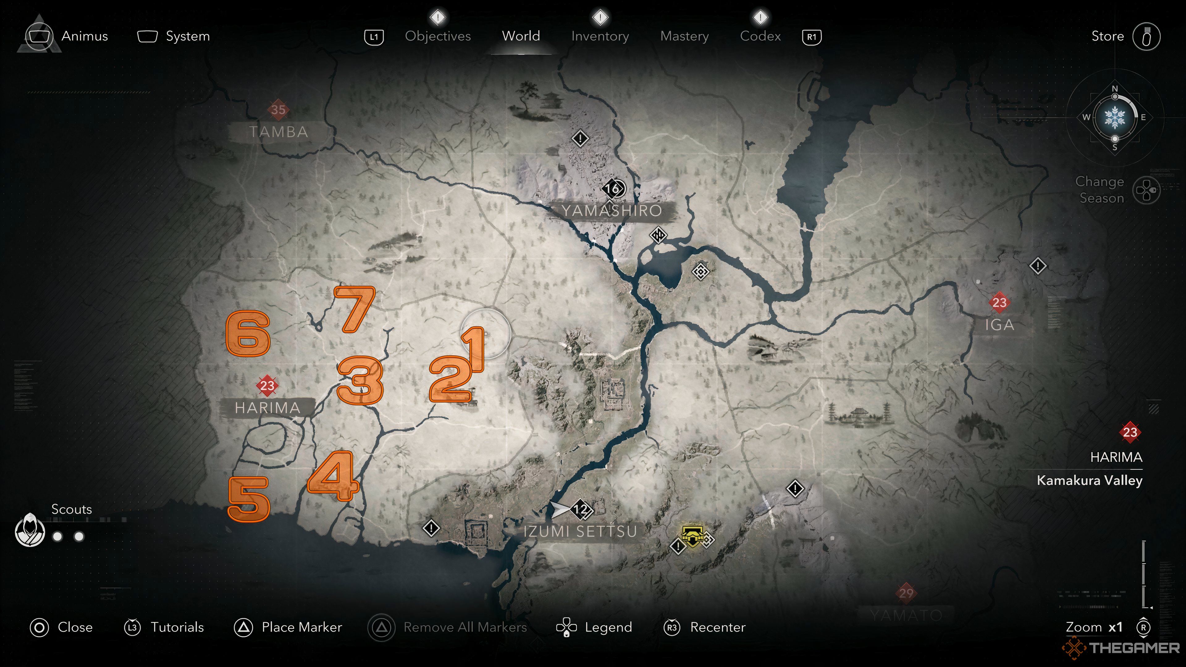 Map of locations of the Jizo Statues in the Harima region in Assassin&rsquo;s Creed Shadows.
