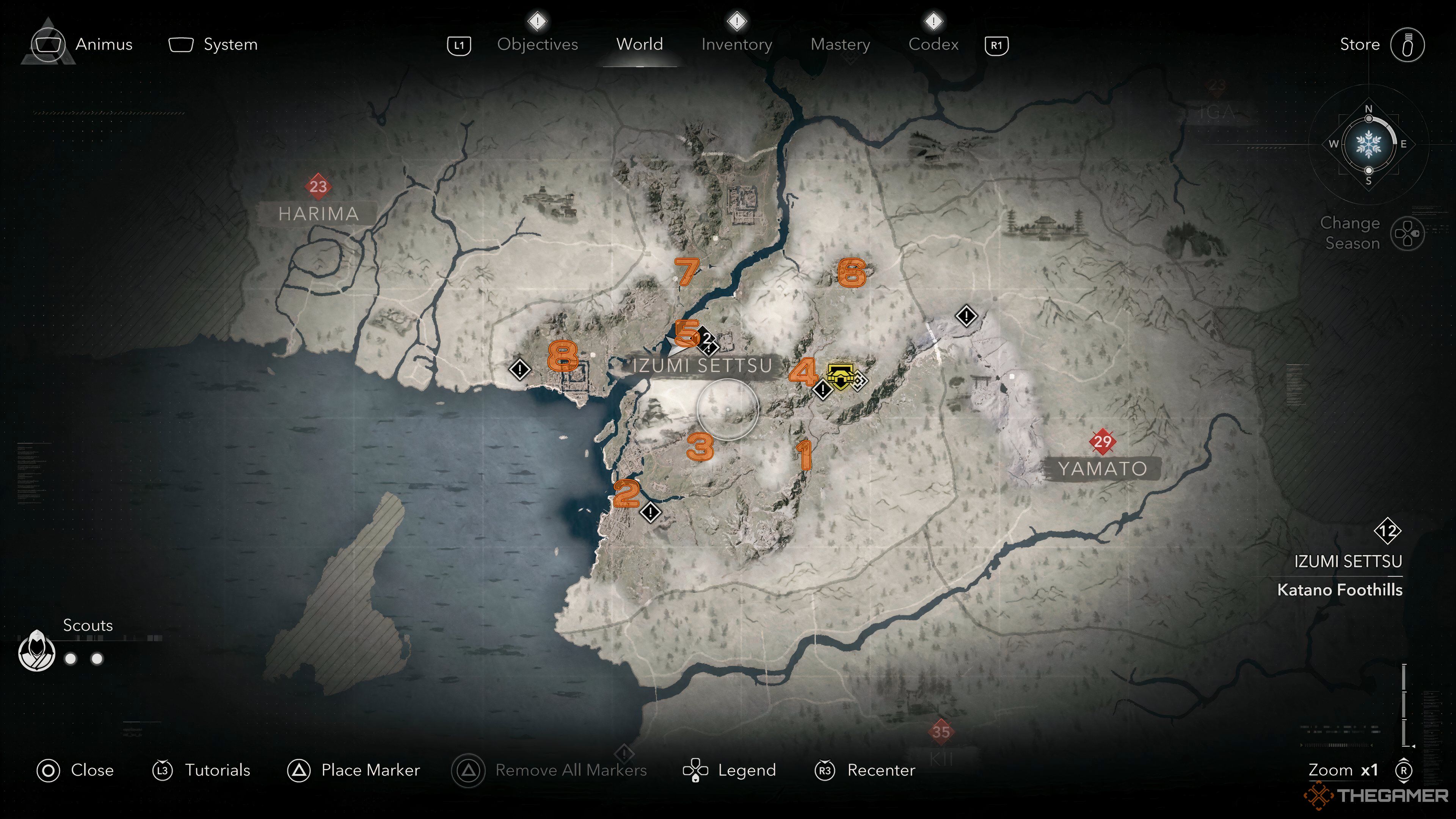 Map of locarions of the Jizo Statues in the Izumi Settsu region in Assassin&rsquo;s Creed Shadows.