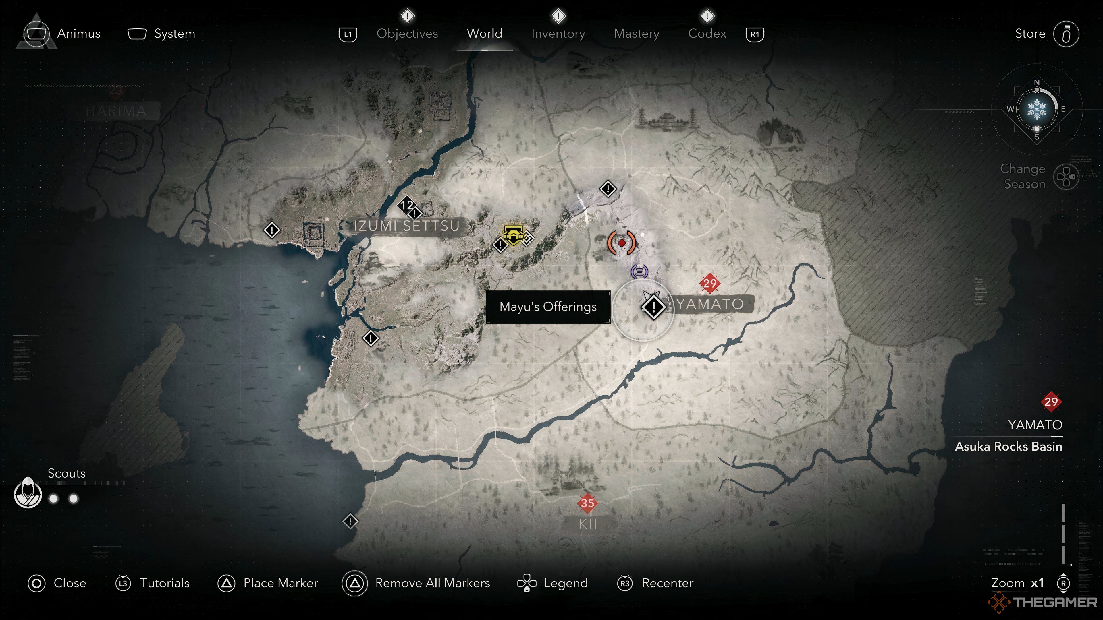 Location of the side quest Mayu&rsquo;s Offering shown on the map in Assassin&rsquo;s Creed Shadows.