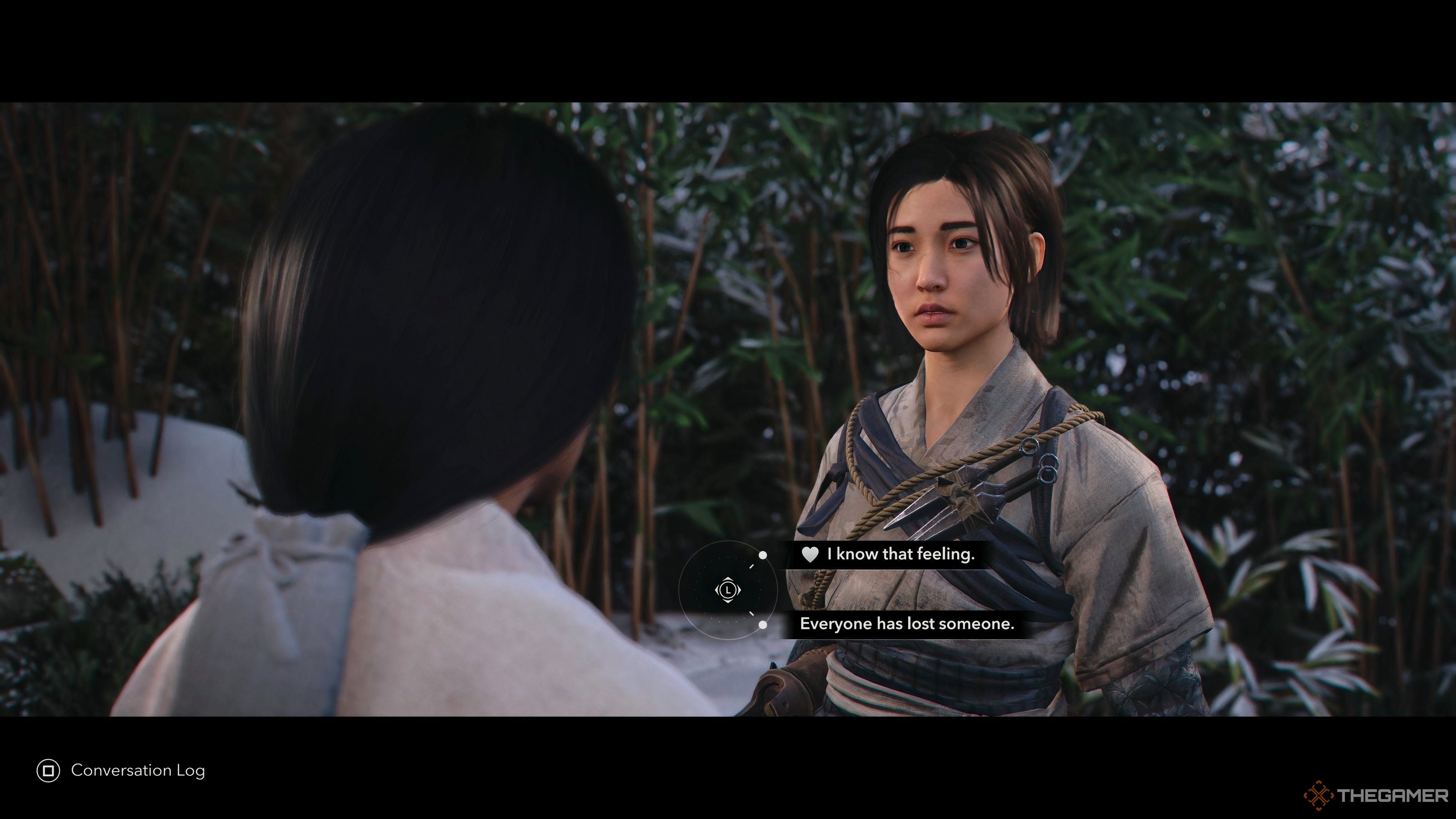Naoe speaking with Mayu during the side quest Mayu&rsquo;s Offering in Assassin&rsquo;s Creed Shadows.