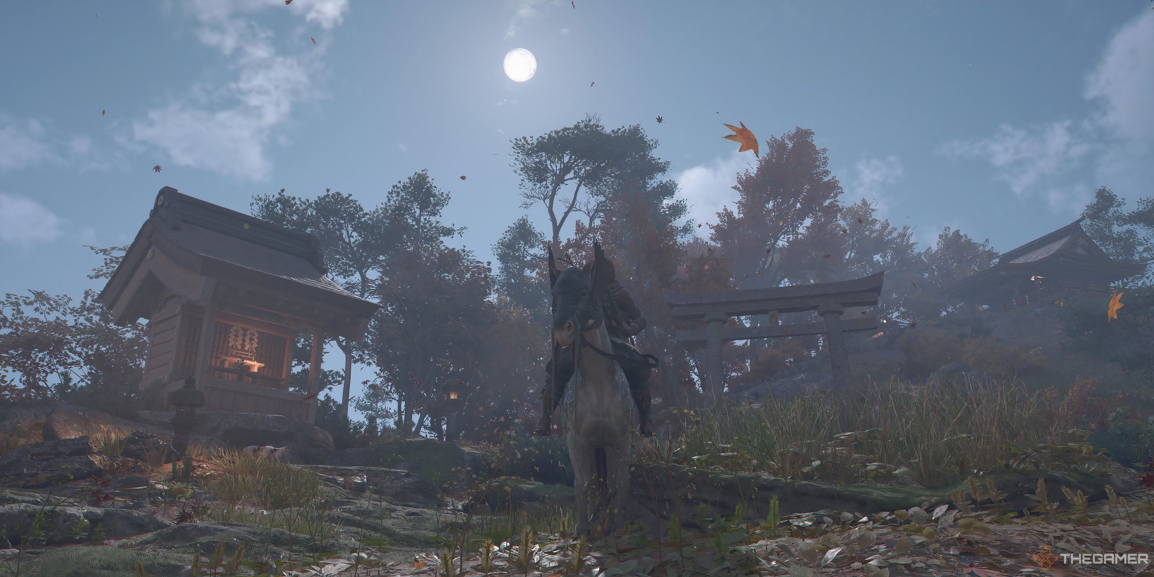 Yaskue riding the Namazu Mount with a shrine to his left. The moon is glowing in the sky just above him.
