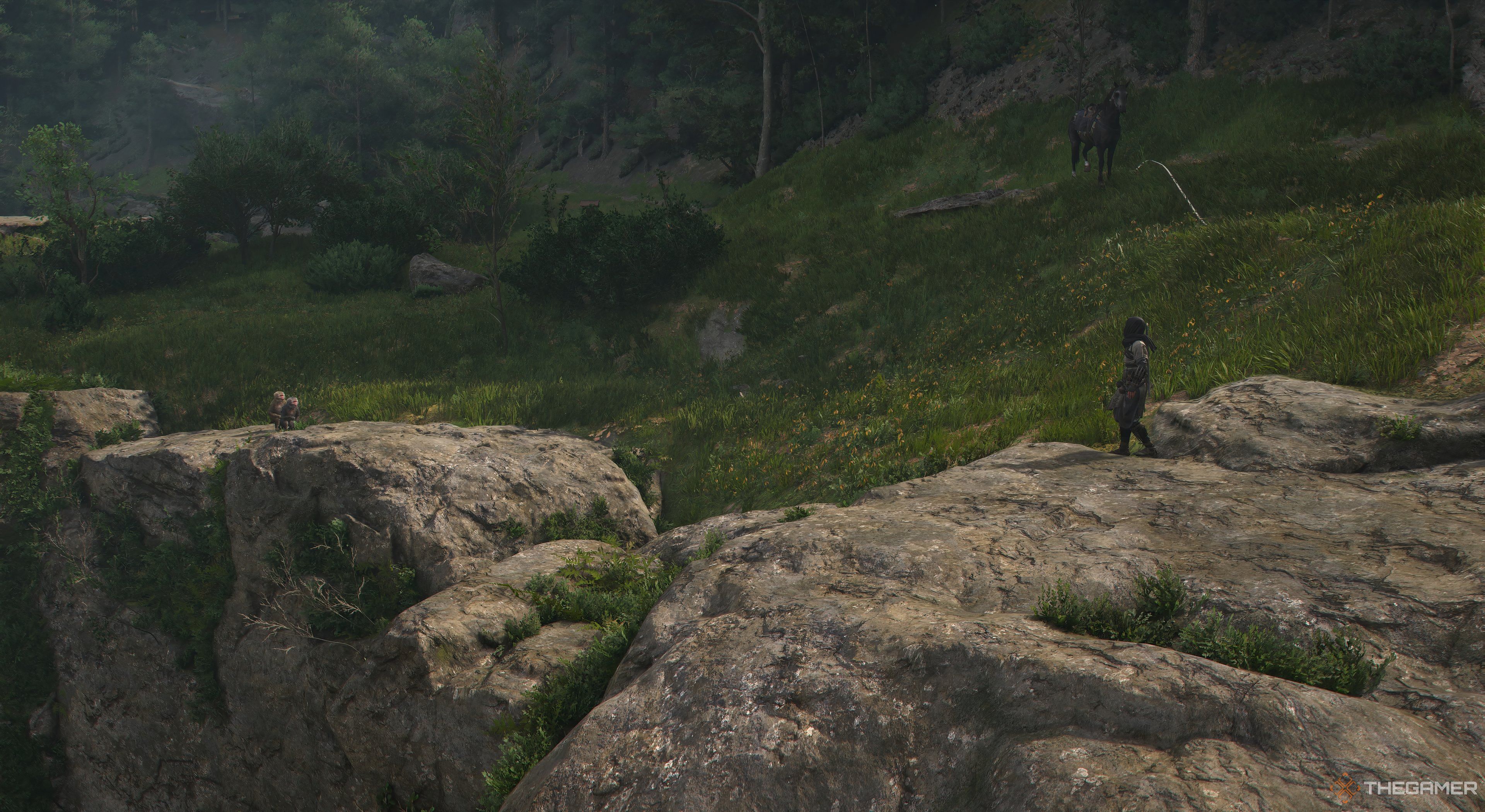 Assassin&rsquo;s Creed Shadows Naoe looking at two monkeys on a cliff. Her horse in off in the background.
