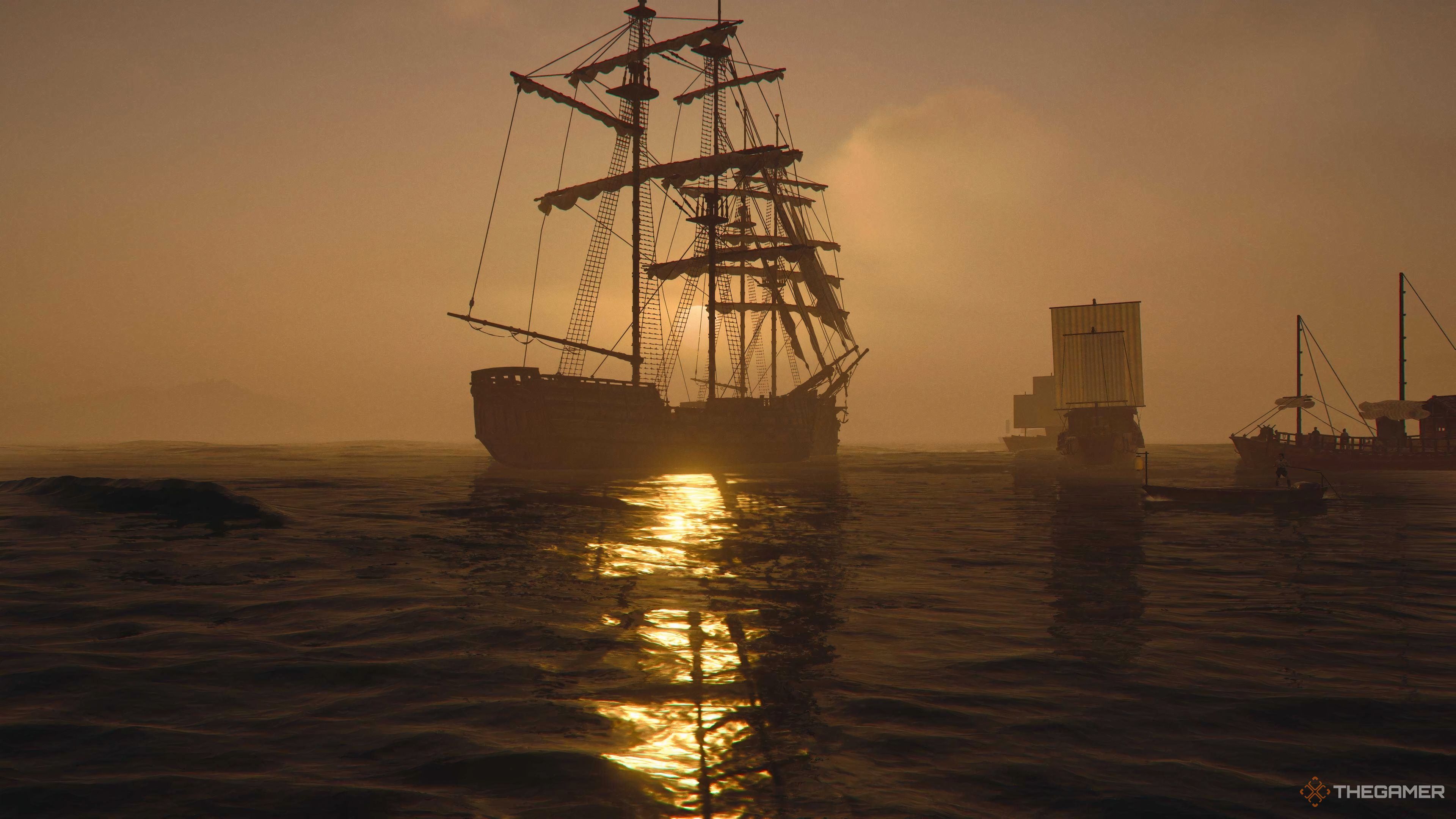 A large ship docked near a port with the sun setting behind it in Assassin&rsquo;s Creed Shadows.