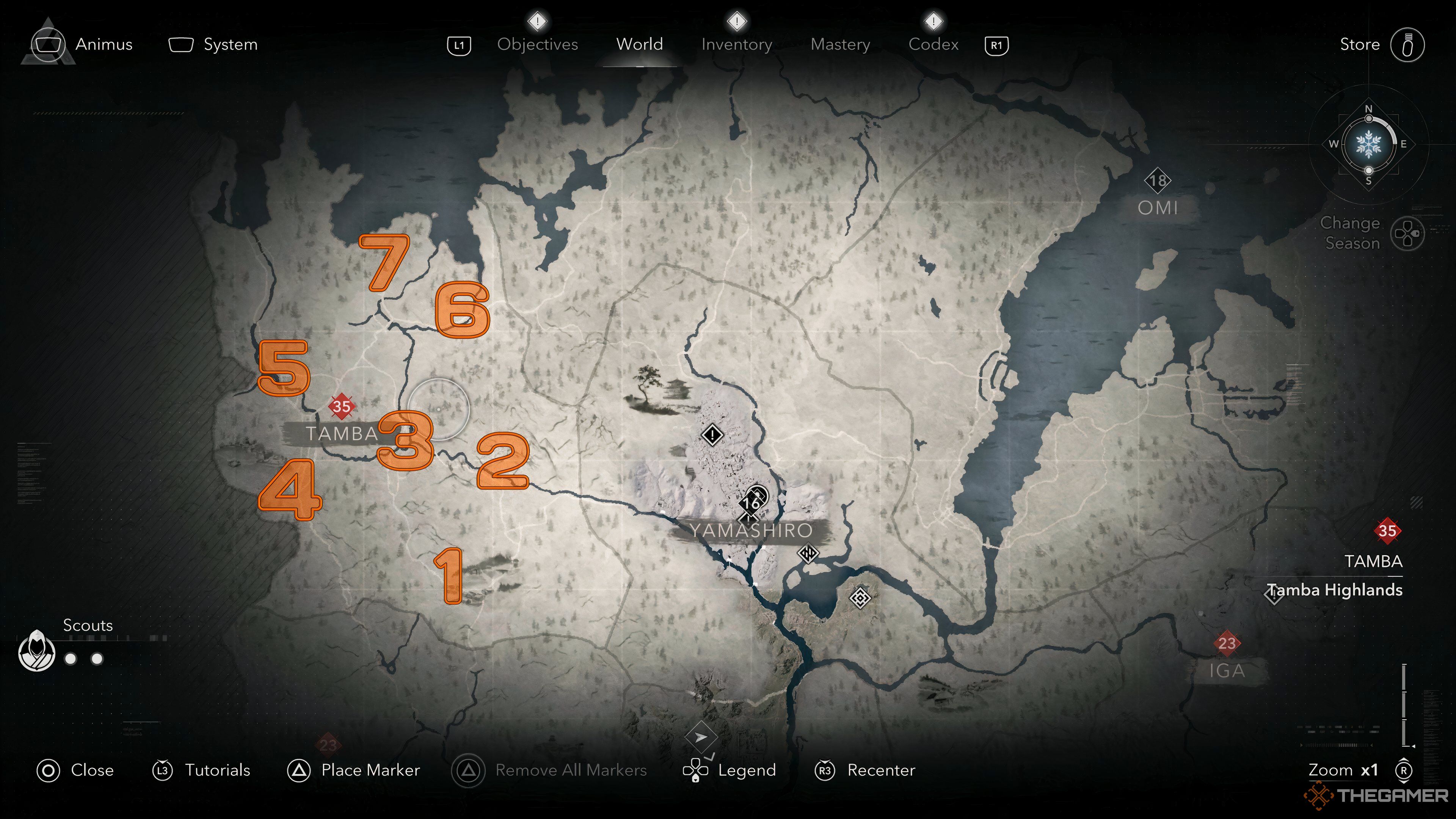 Map of locations of the Jizo Statues in the Tamba region in Assassin&rsquo;s Creed Shadows.