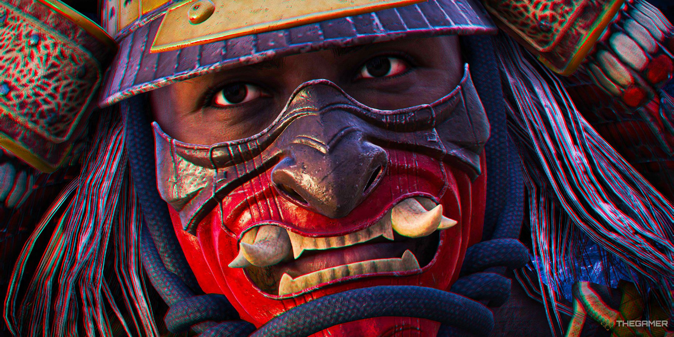 Assassins Creed Shadows close-up of Yasuke's face with a mask on.