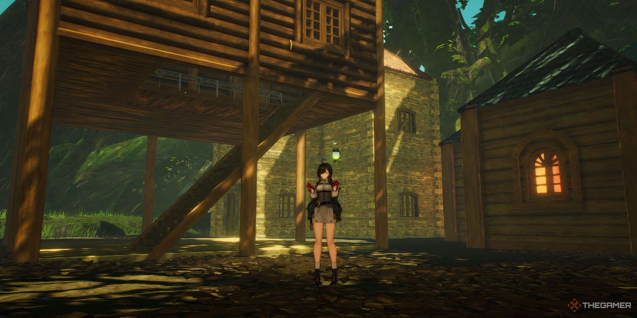 Yumia standing in front of a built house in Atelier Yumia: The Alchemist of Memories &amp; the Envisioned Land.