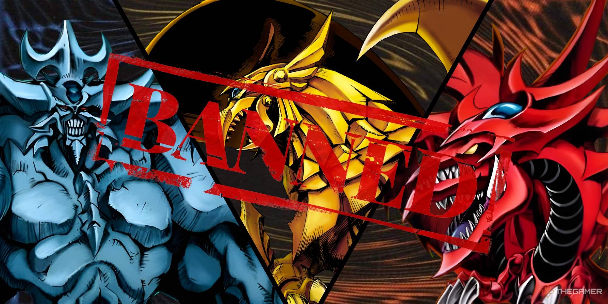 A collage showing Obelisk the Tormentor, The Winged Dragon of Ra, and Slifer the Sky Dragon on their unique card backs with a red