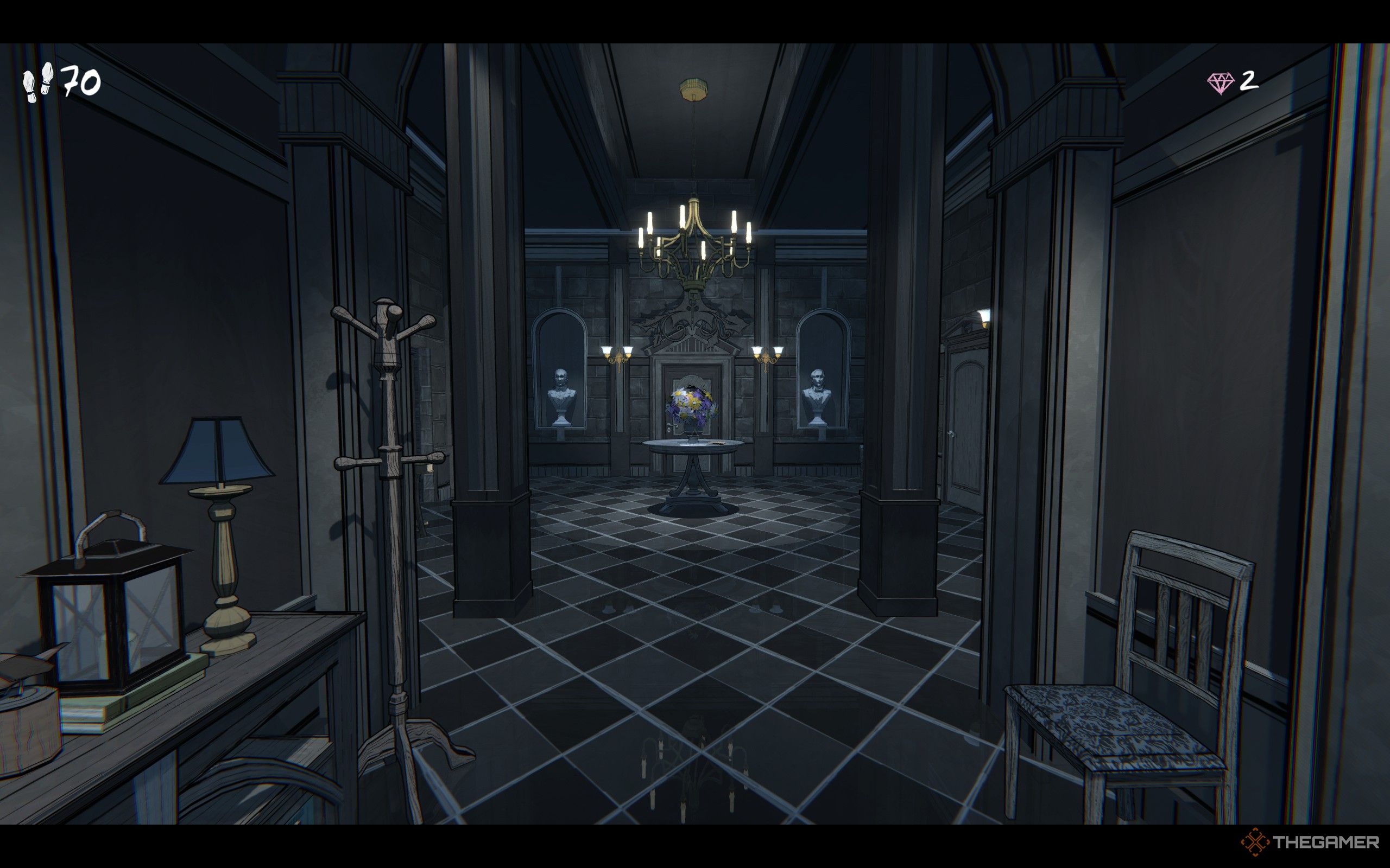 The player is in the Blue Prince's interior hall, which started at 70 steps.