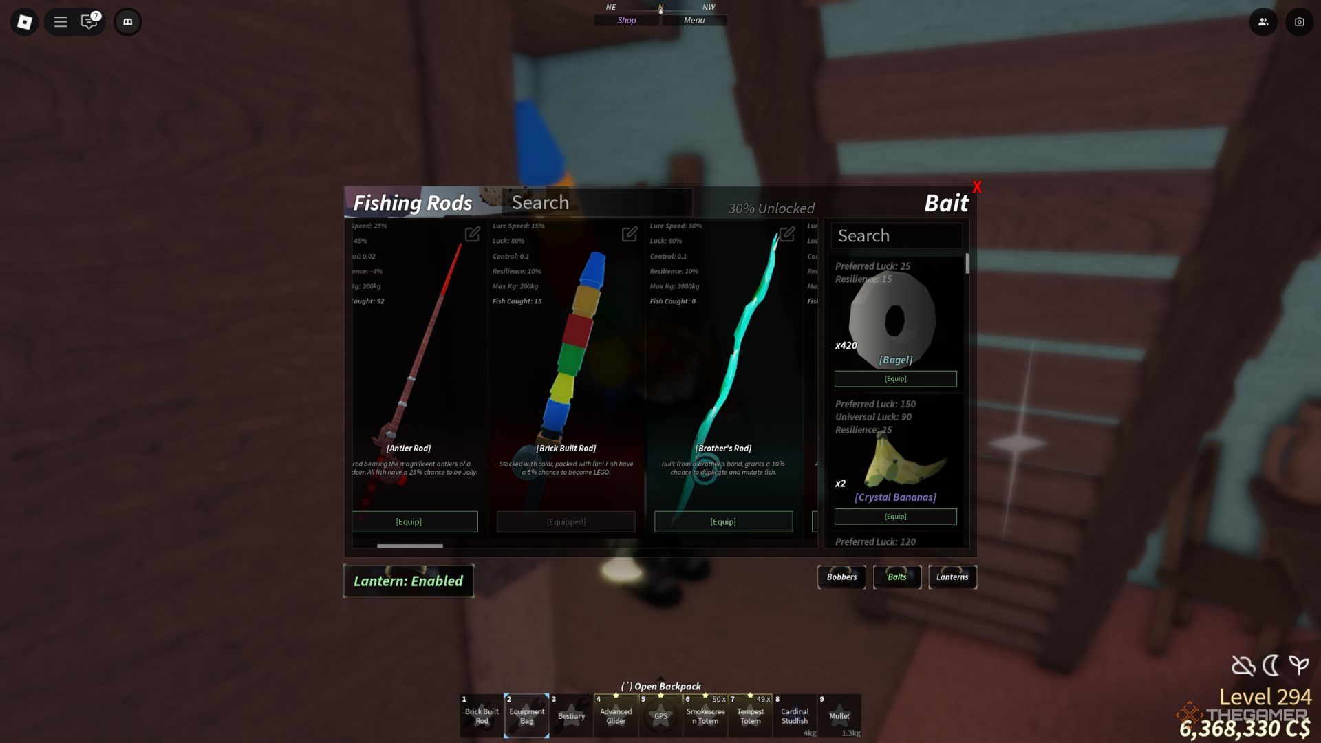 The player's character shows bricks built in his inventory in Fish.