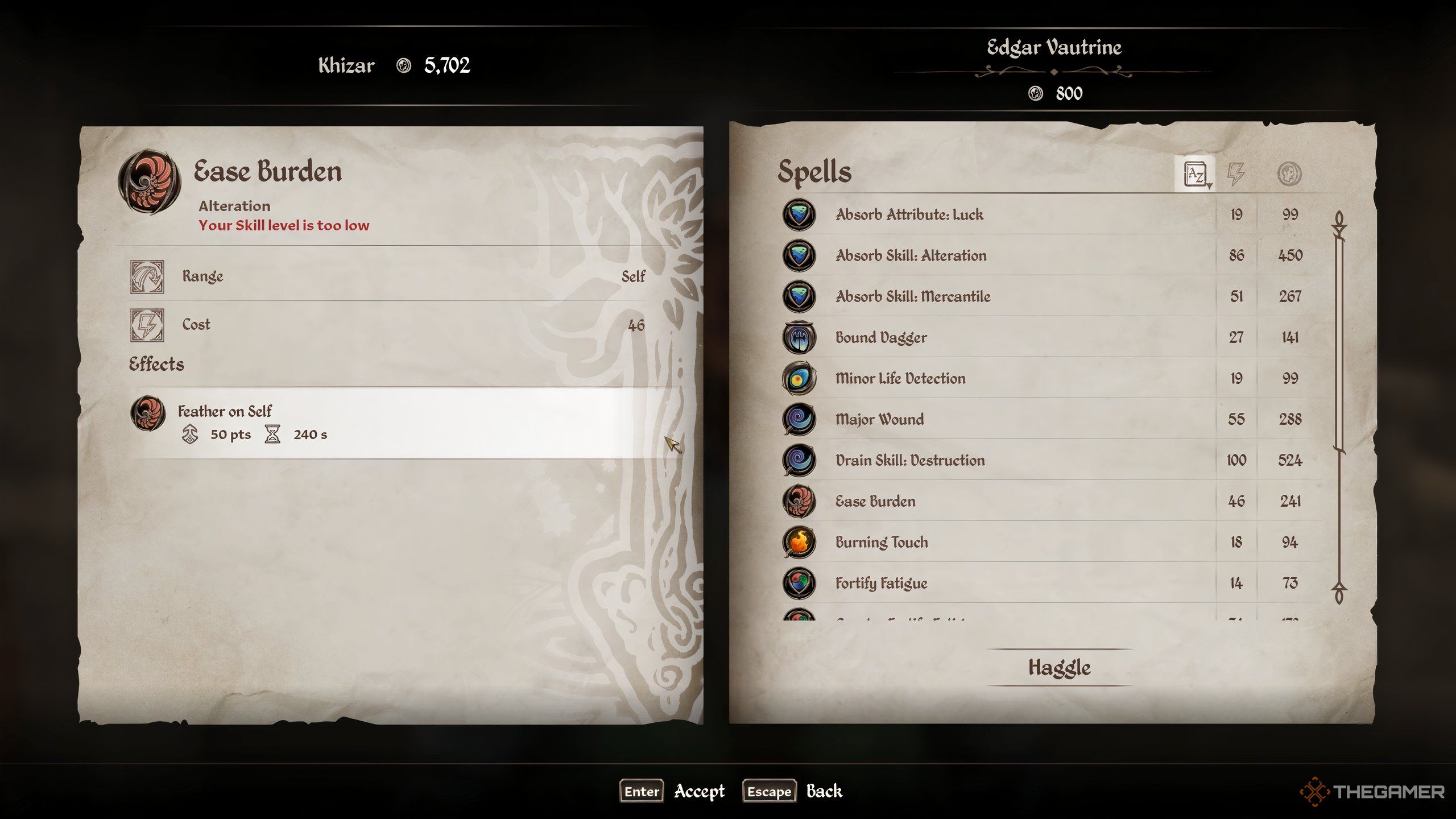 Buying Ease Burden spell in Oblivion Remastered.