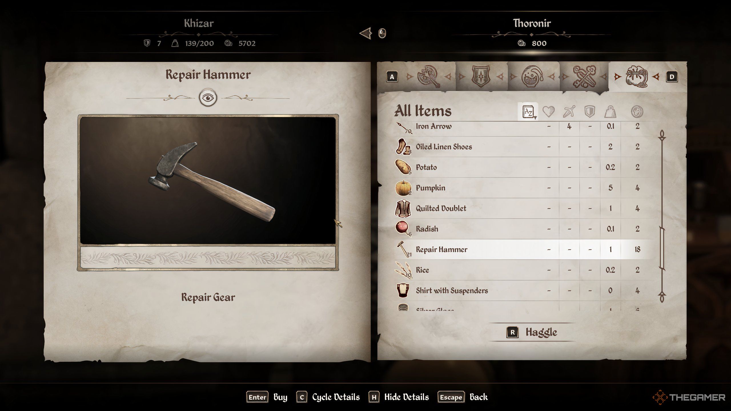 Buying repair hammer in Oblivion Remastered.
