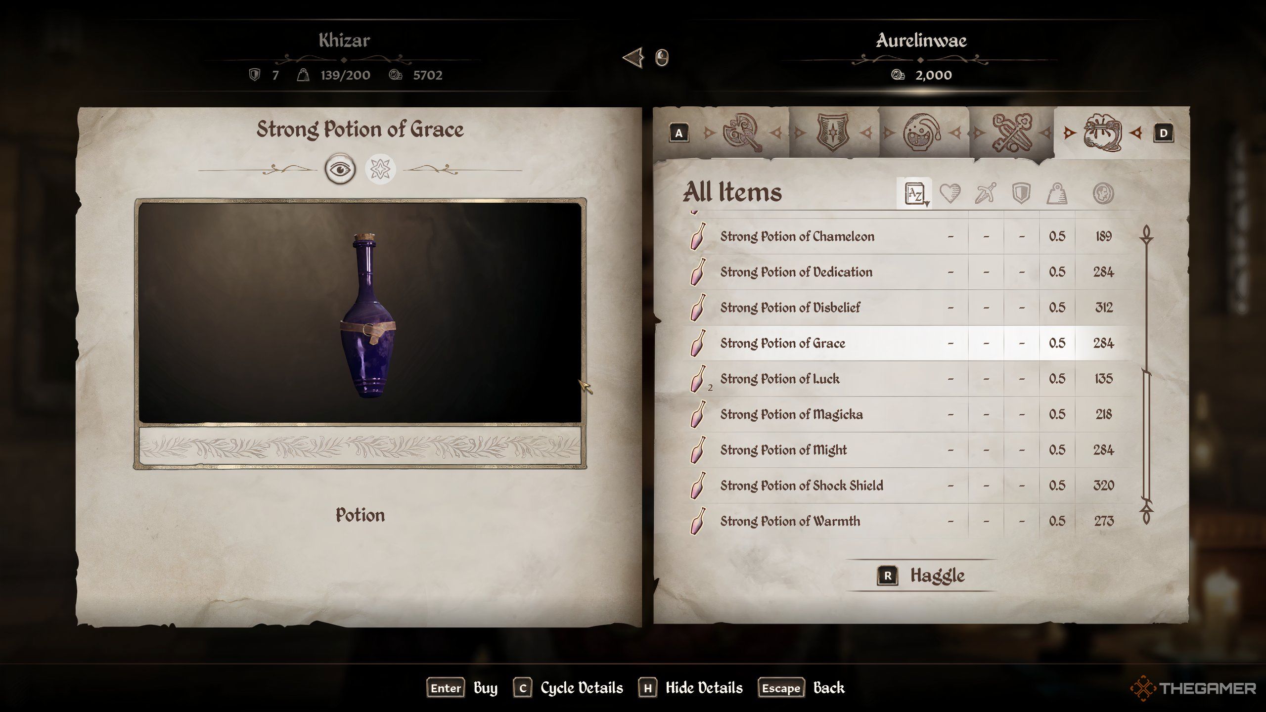 Buying Strong Potion of Grace in Oblivion Remastered.