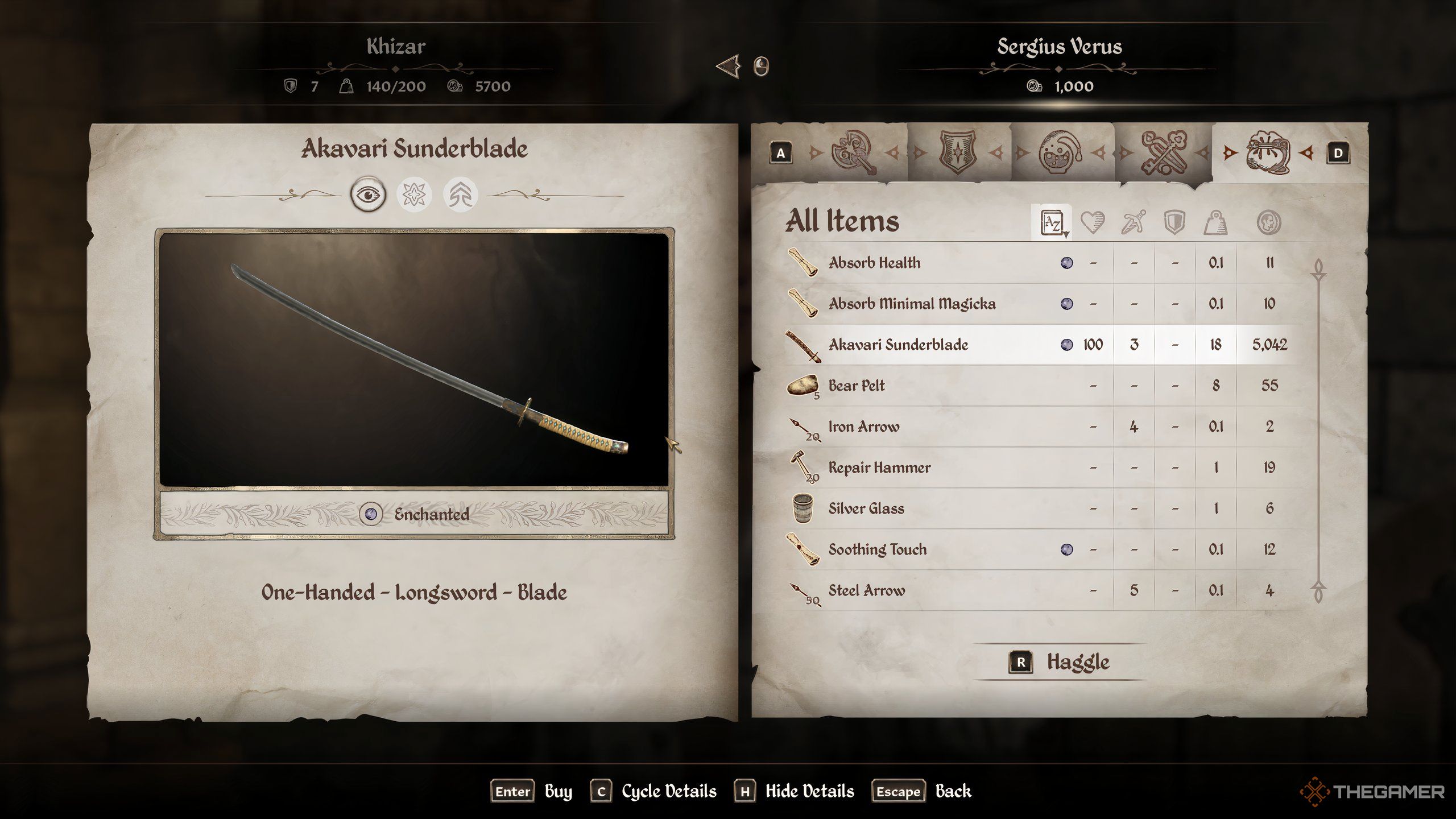 Buying the Akavari Sunderblade in Oblivion Remastered.