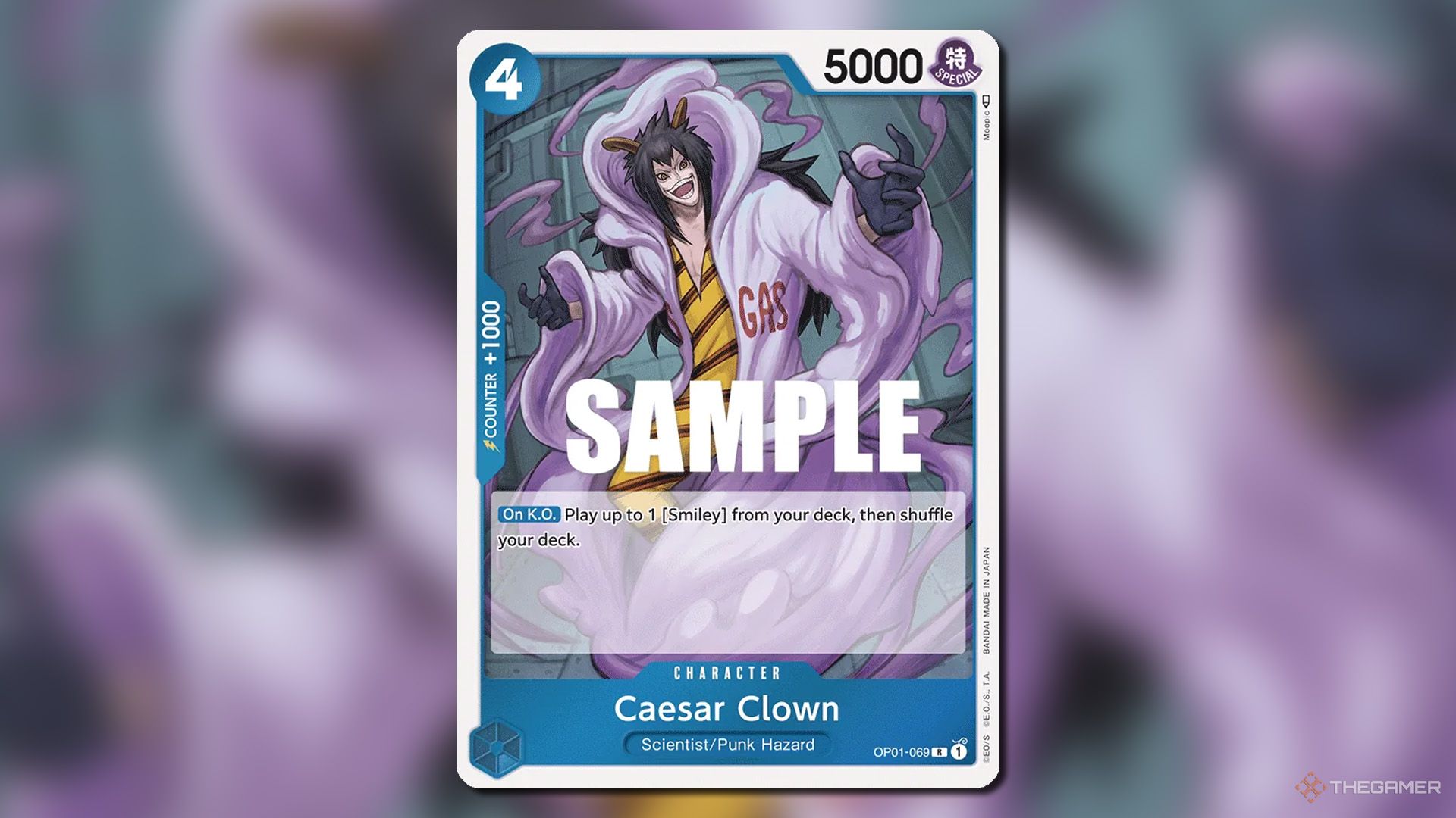 Caesar Clown Character Card från Romance Dawn satt i ett stycke kortspel.