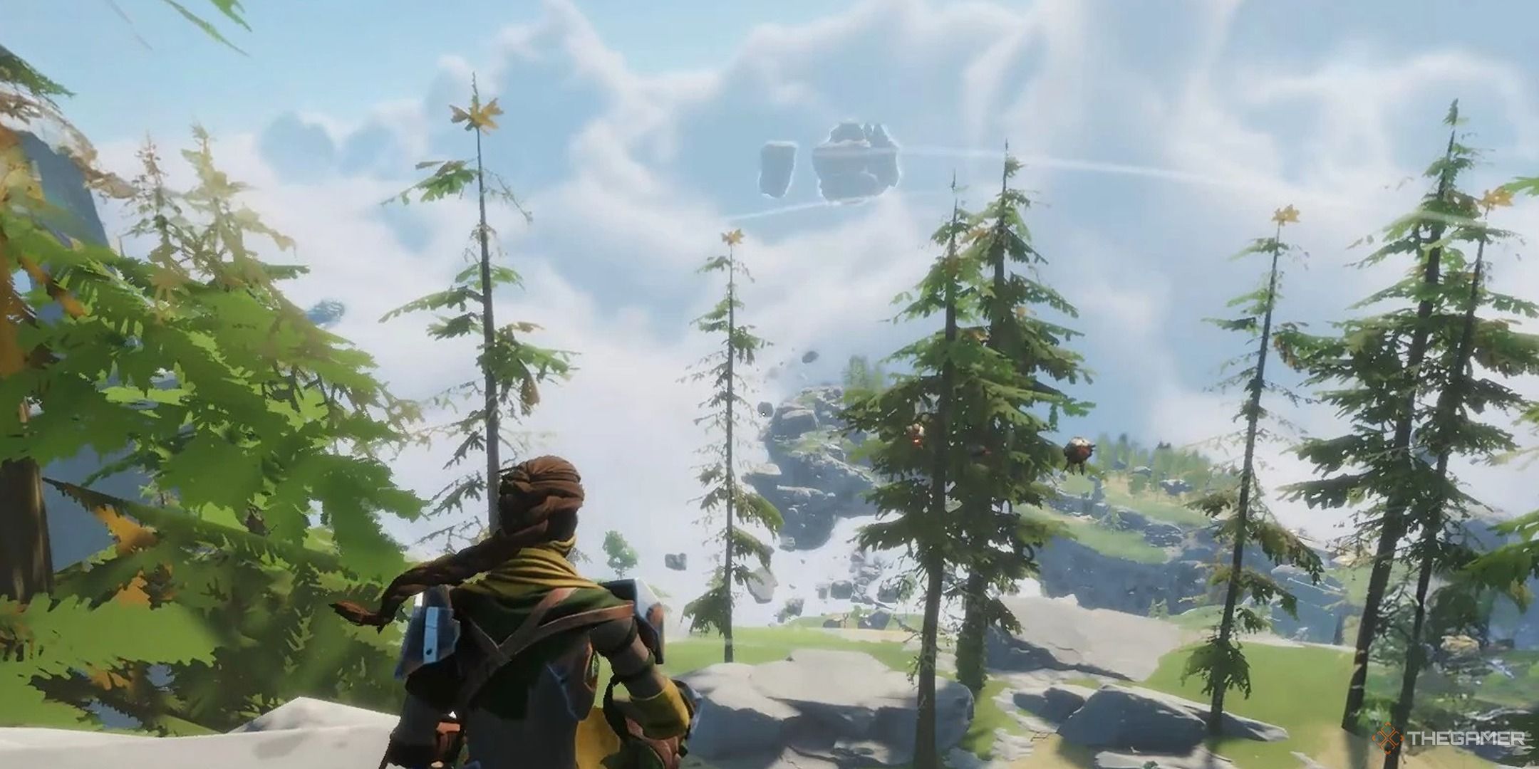 Character crouching at the edge of a structure and looking at the sky in Lost Skies.