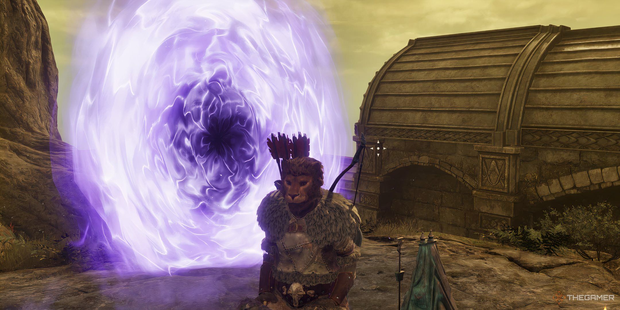 Character sitting in Shivering Isles with the portal to Cyrodiil in the background in Oblivion Remastered.