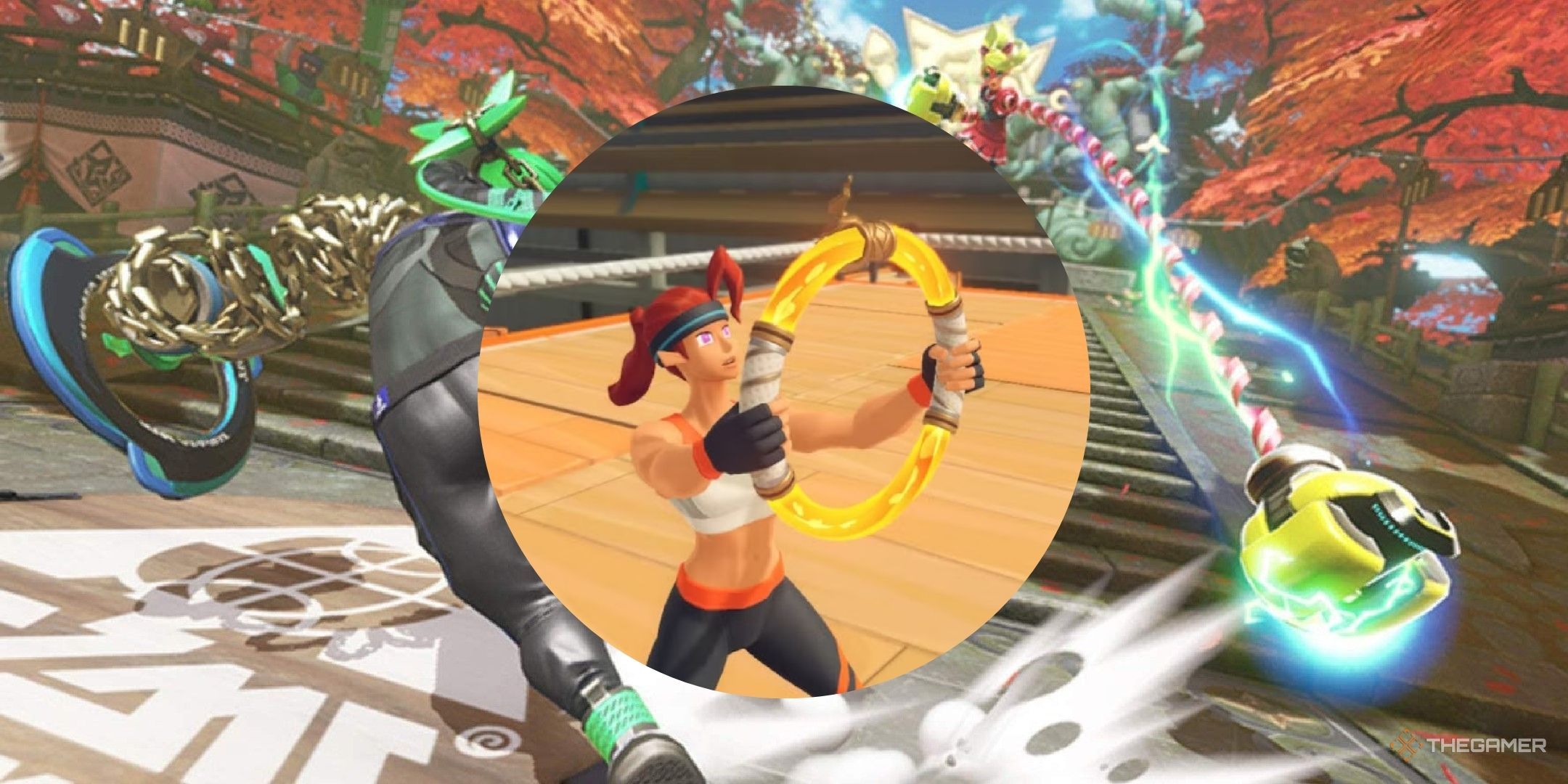Collage showing images from ARMS and Ring Fit Adventure.