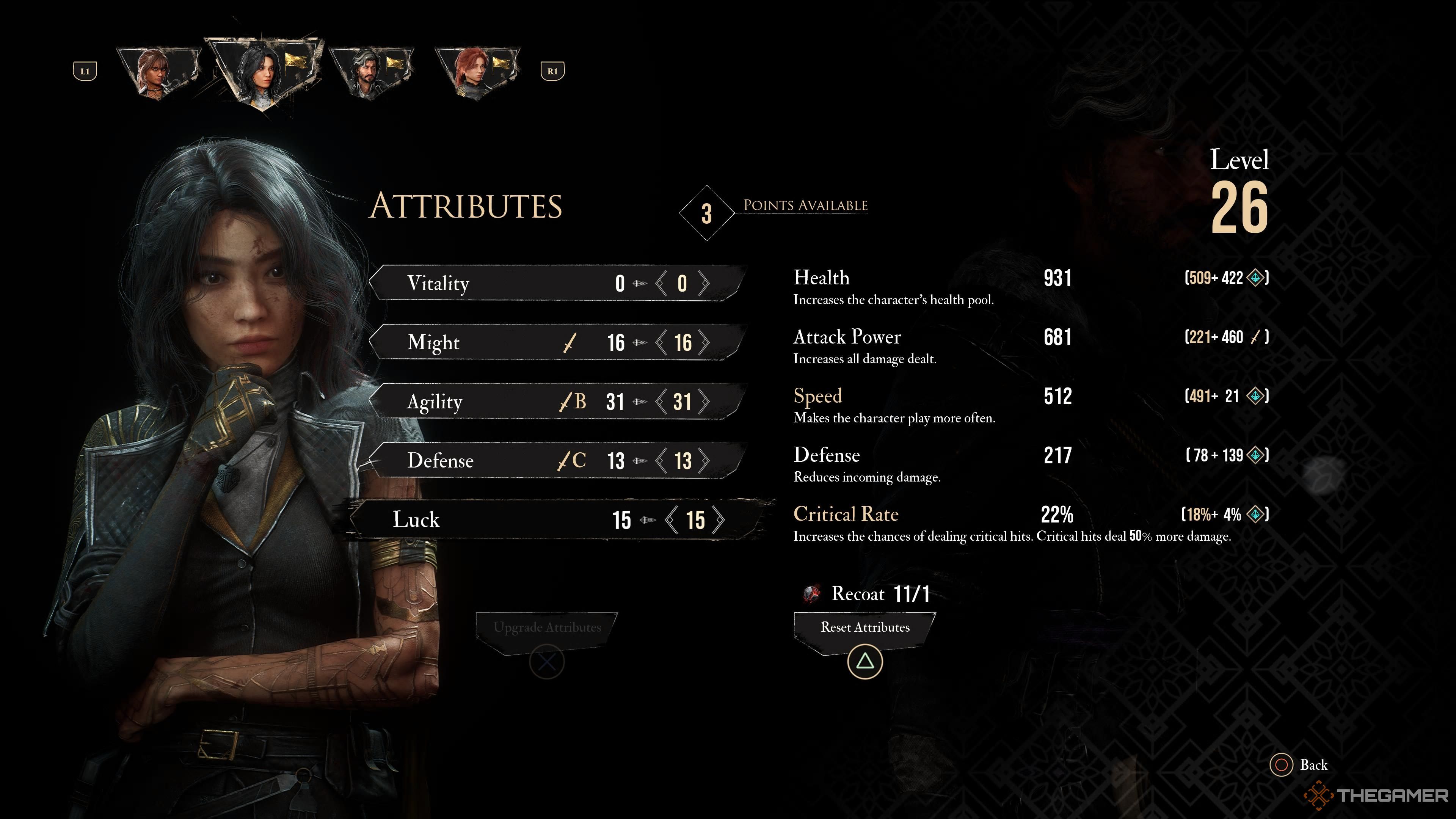 Lune&rsquo;s attributes screen in clair obscur: expedition 33.