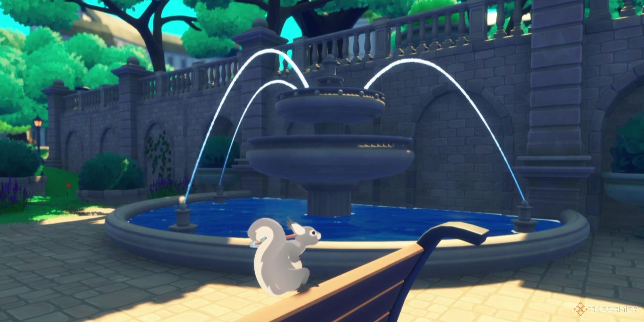 A squirreled stands in front of a fountain spraying water into the air in Squirreled Away.