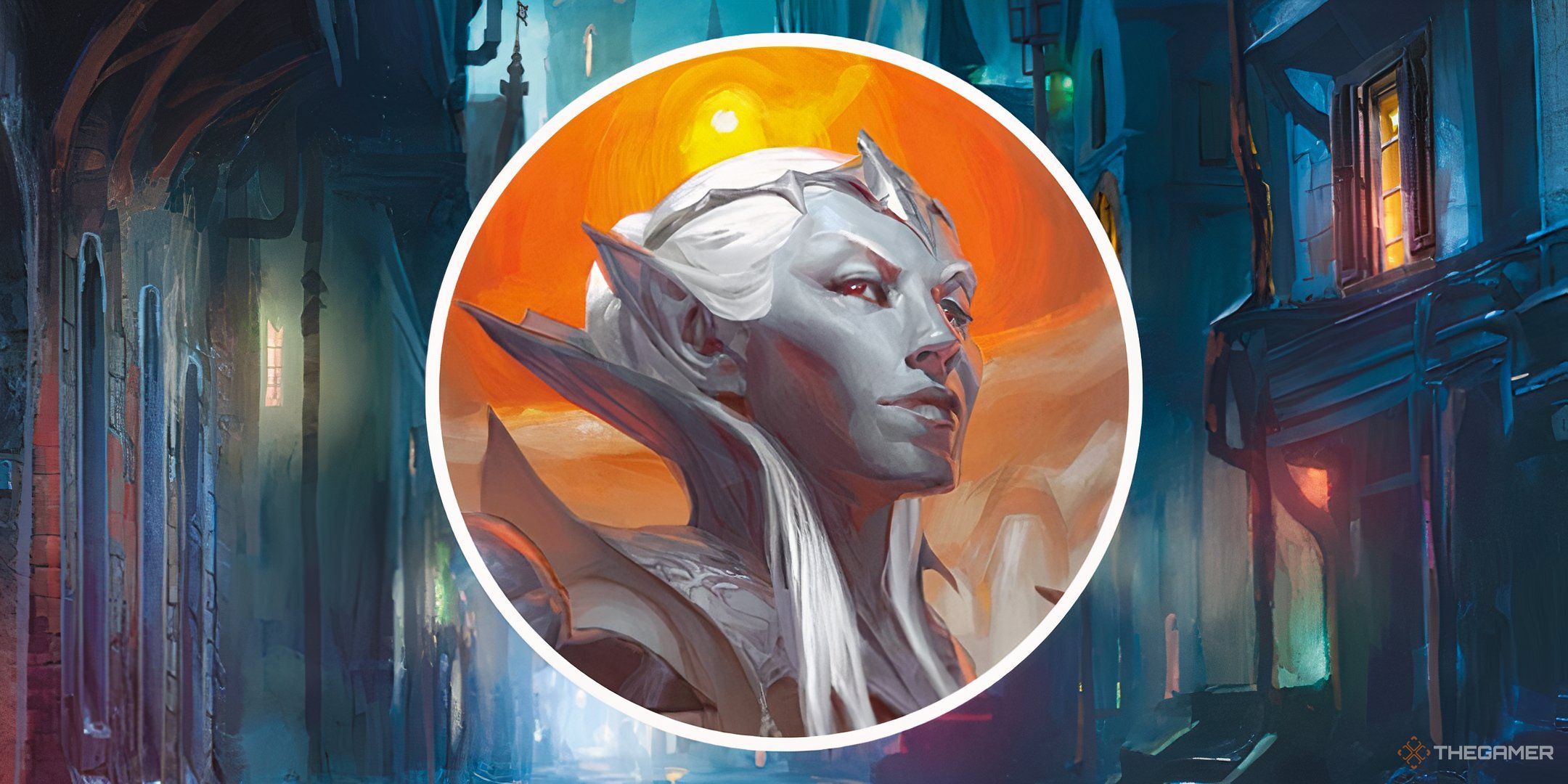 A drow elf in a distributed image with the sight of the urban city in the basement and dragons.