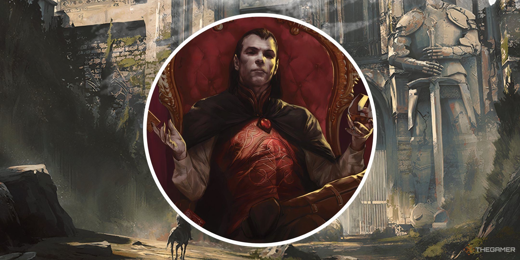 A split image of Strahd von Zarovich and the Gates of Barovia in DND.
