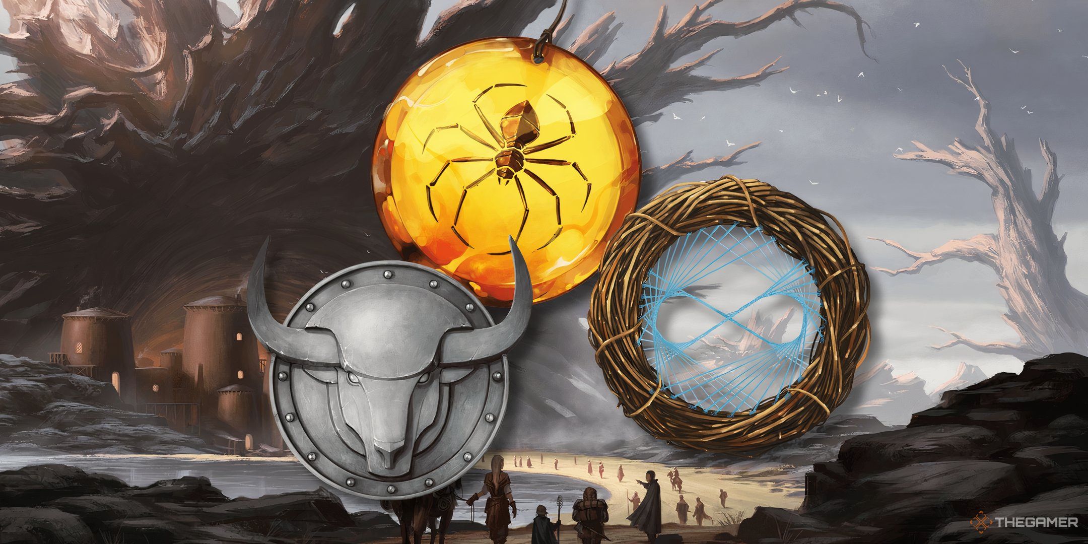 Three symbols of various deities in DND on a background from the world of Krynn.