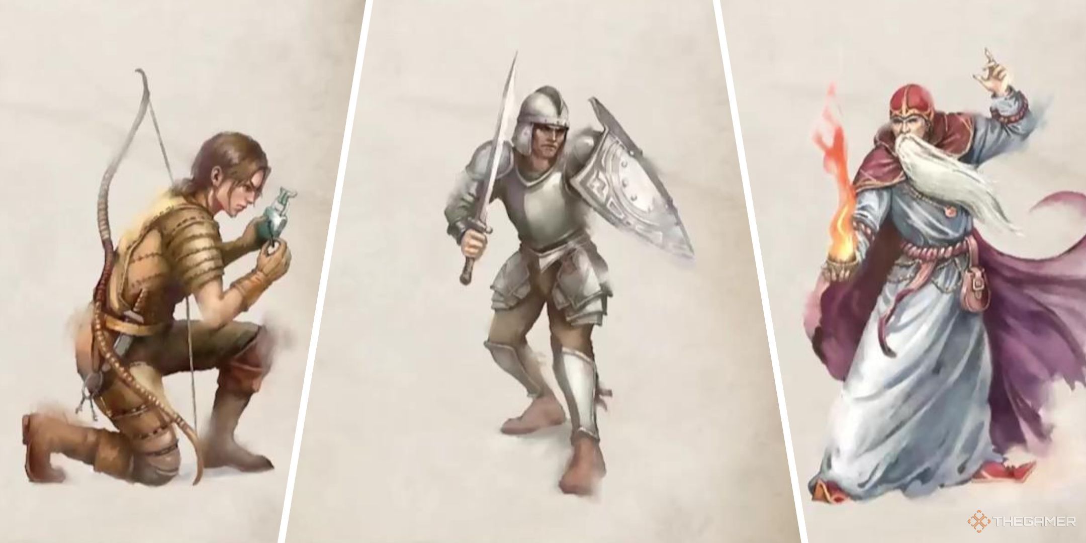 A Thief crouches on the left, a Warrior stands in the center, and a Mage wields a fireball in their hand on the right, all in Oblivion Remastered.
