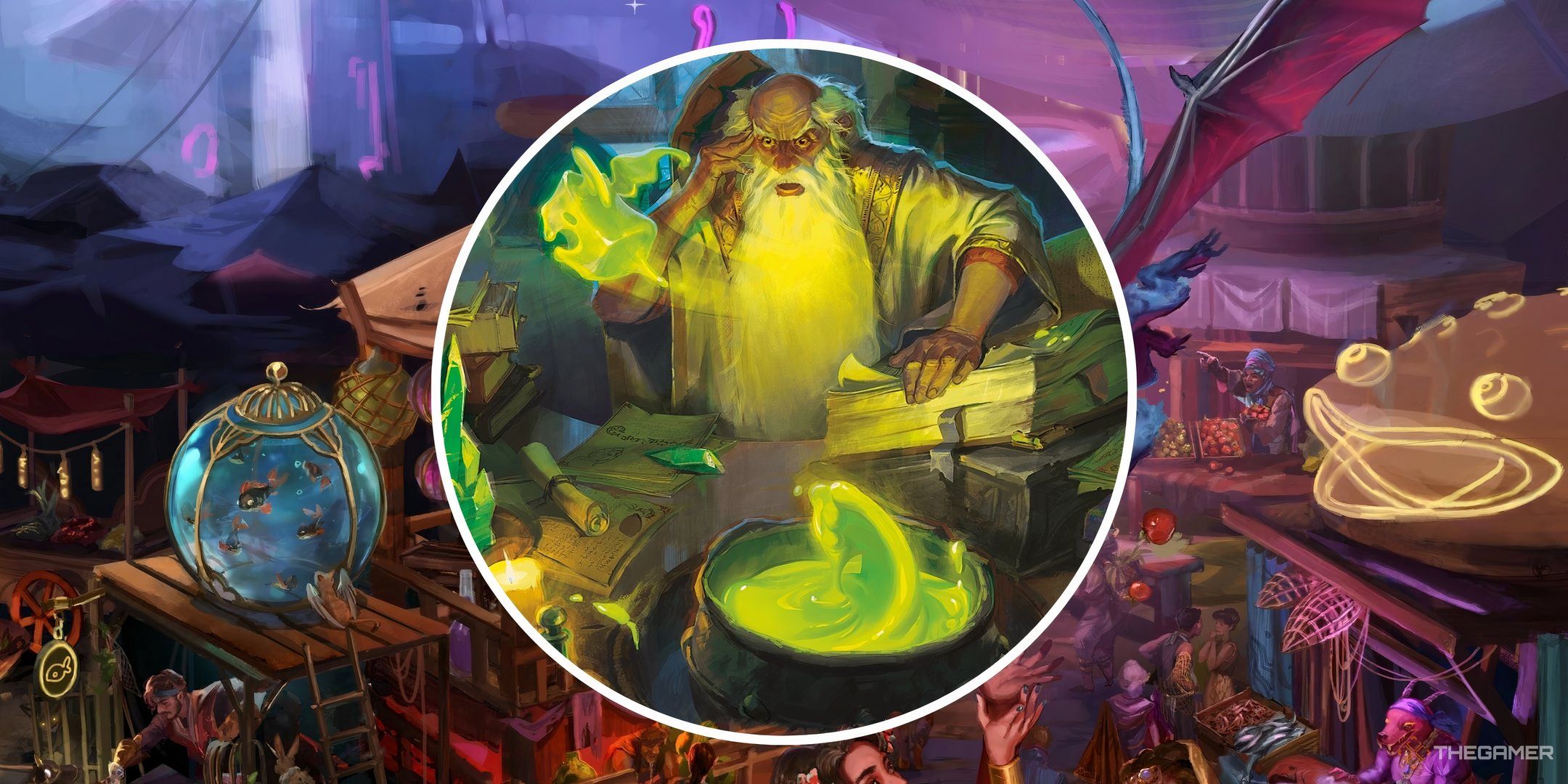 A split image of a wizard casting a spell against the Radiant Citadel in DND.